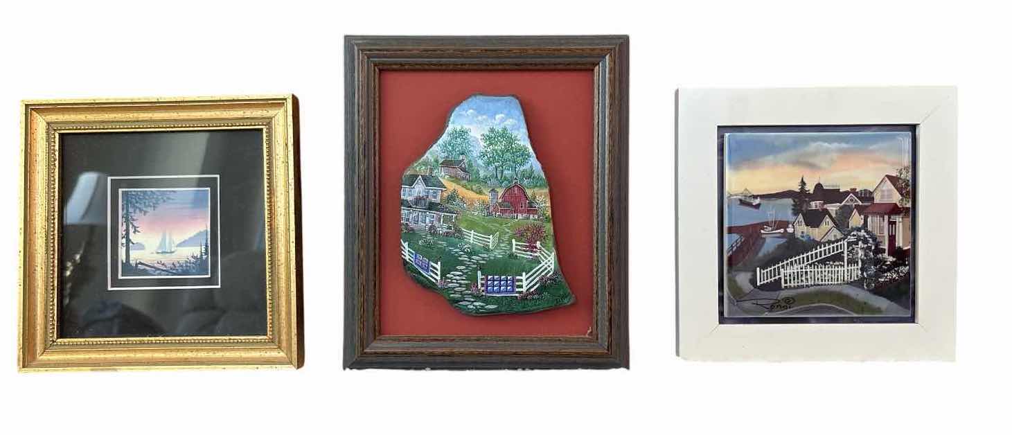 Photo 1 of (3)PCS FRAMED ARTWORK MINIATURE LANDSCAPE ARTWORKS, INCLUDING HAND-PAINTED STONE ART AND COASTAL & COUNTRYSIDE SCENES 6.5”X8”