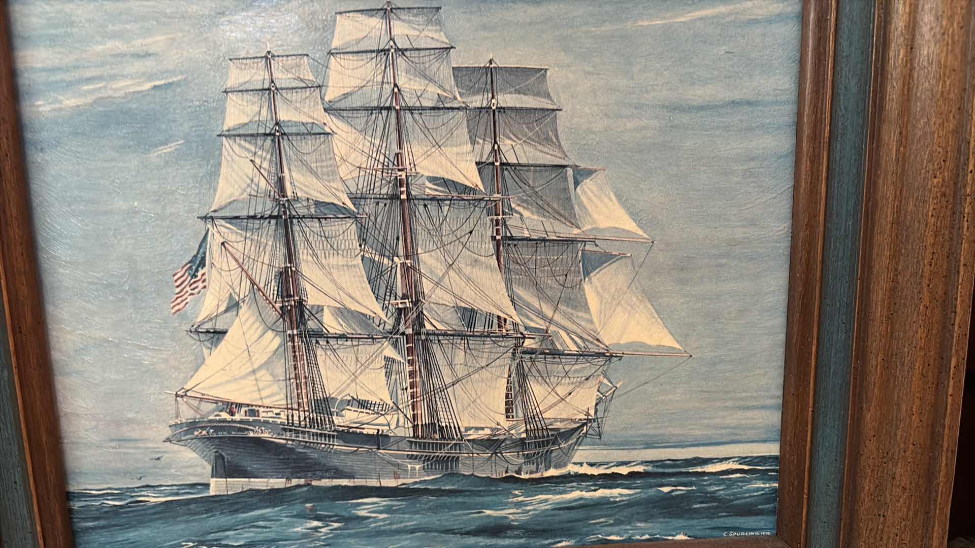 Photo 1 of (2)PCS FRAMED ORIGINAL NAUTICAL OIL PAINTINGS OF TALL SHIPS, SIGNED C. SPURLING 13.5”X12.5”