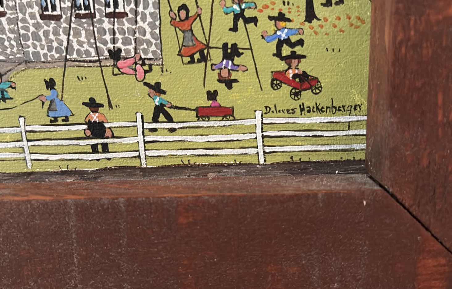 Photo 1 of FRAMED ARTWORK “SCHOOL DAYS” SIGNED BY DOLORES HACKENBERGER FOLK ART OIL PAINTING HAND-PAINTED W ORIGINAL RECEIPT 8”X10”