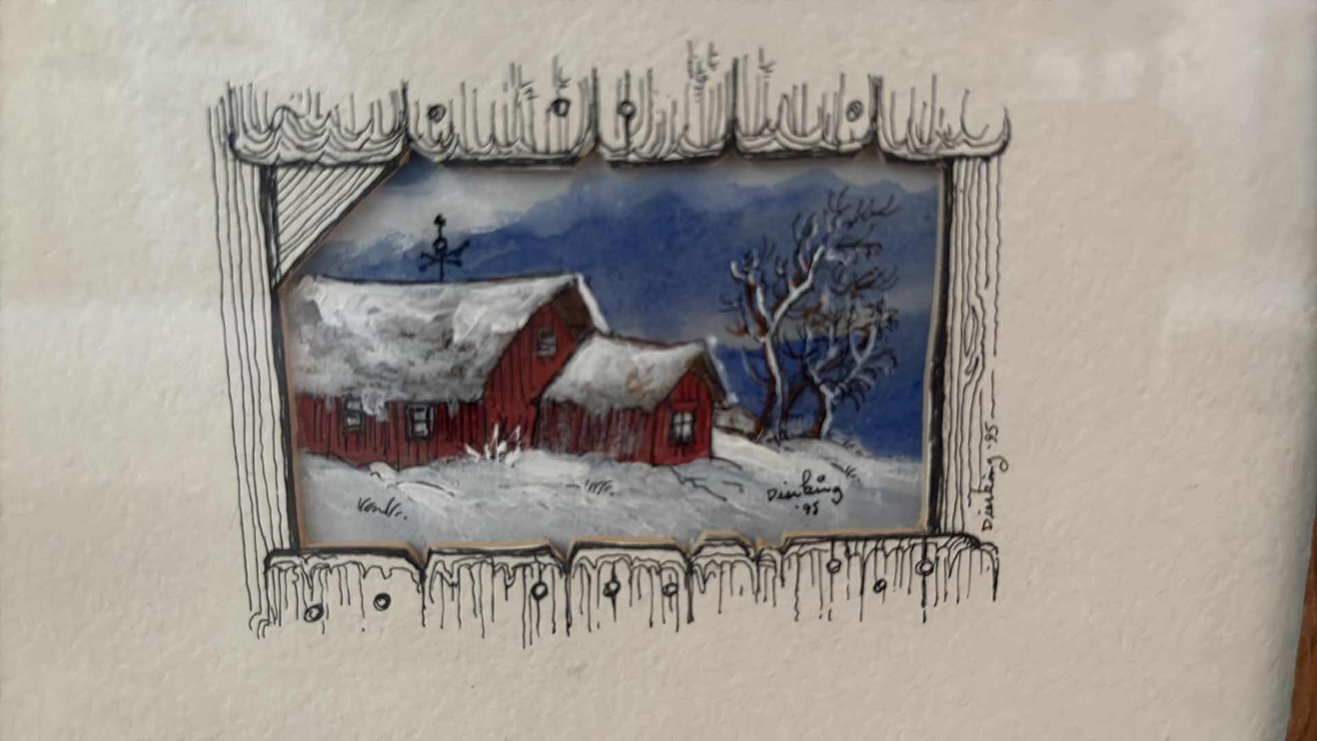 Photo 1 of FRAMED ARTWORK ORIGINAL INK, WATERCOLOR & ACRYLIC WINTER BARN PAINTING BY GARY R. DIERKING 8”X6”