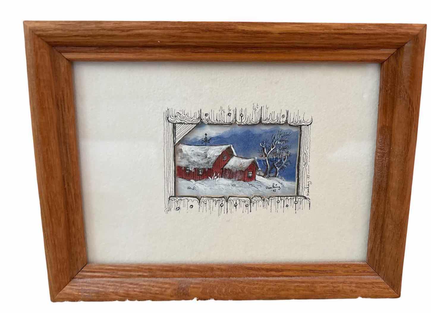 Photo 1 of FRAMED ARTWORK ORIGINAL INK, WATERCOLOR & ACRYLIC WINTER BARN PAINTING BY GARY R. DIERKING 8”X6”