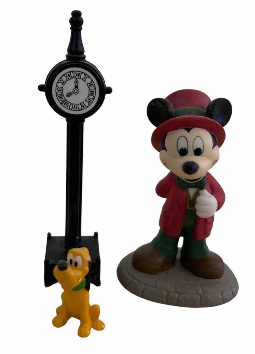Photo 1 of (4)PCS VINTAGE DISNEY MICKEY & MINNIE CHRISTMAS FIGURINES WITH PLUTO & CLOCK POST H2.5”