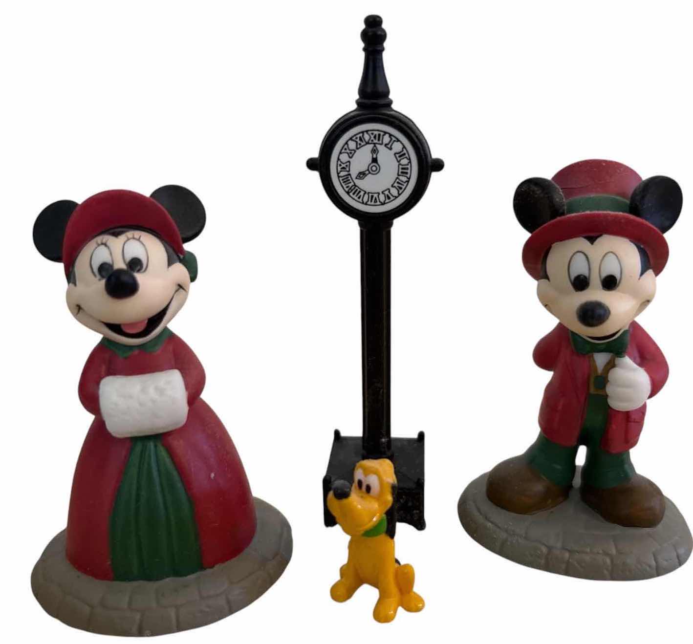 Photo 1 of (4)PCS VINTAGE DISNEY MICKEY & MINNIE CHRISTMAS FIGURINES WITH PLUTO & CLOCK POST H2.5”