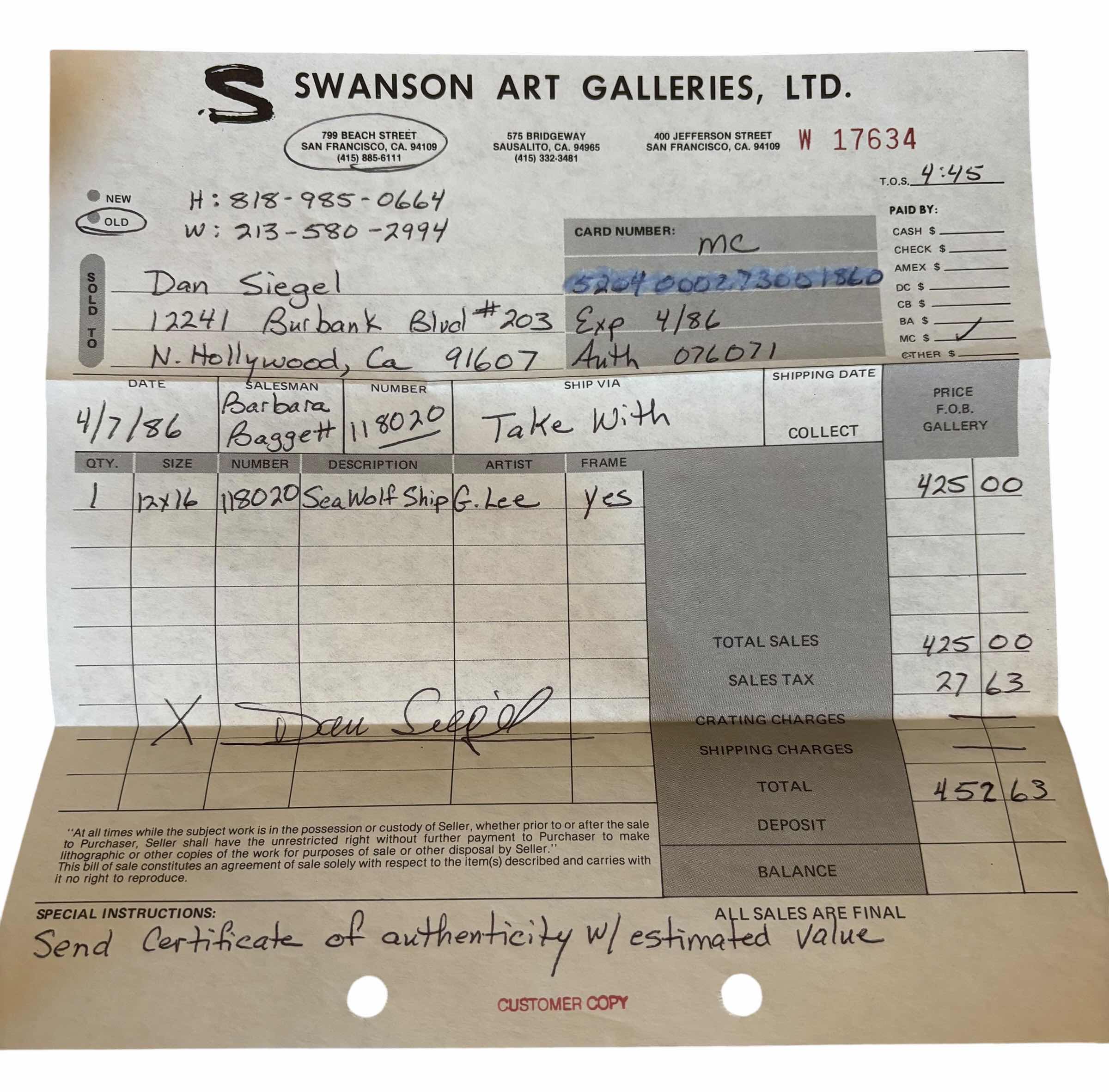 Photo 1 of SEA WOLF SHIP BY G LEE OIL PAINTING 17” X H21” WITH ORIGINAL PURCHASE RECEIPT & APPRAISAL LETTER ($700 IN 1986)