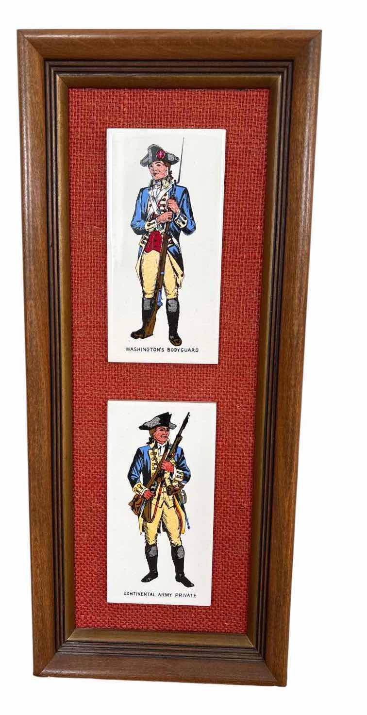 Photo 1 of (3)PCS FRAMED REVOLUTIONARY WAR MILITARY PRINTS WITH RED BURLAP MATS INCLUDING WASHINGTON’S BODYGUARD, CONTINENTAL ARMY PRIVATE & MILITARY EQUIPMENT 7.5”X17.5”