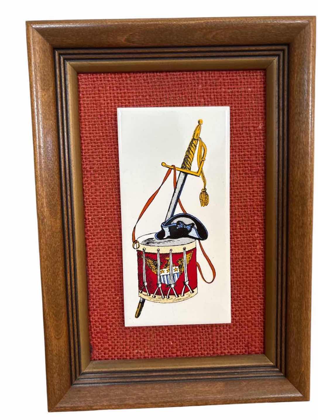 Photo 1 of (3)PCS FRAMED REVOLUTIONARY WAR MILITARY PRINTS WITH RED BURLAP MATS INCLUDING WASHINGTON’S BODYGUARD, CONTINENTAL ARMY PRIVATE & MILITARY EQUIPMENT 7.5”X17.5”