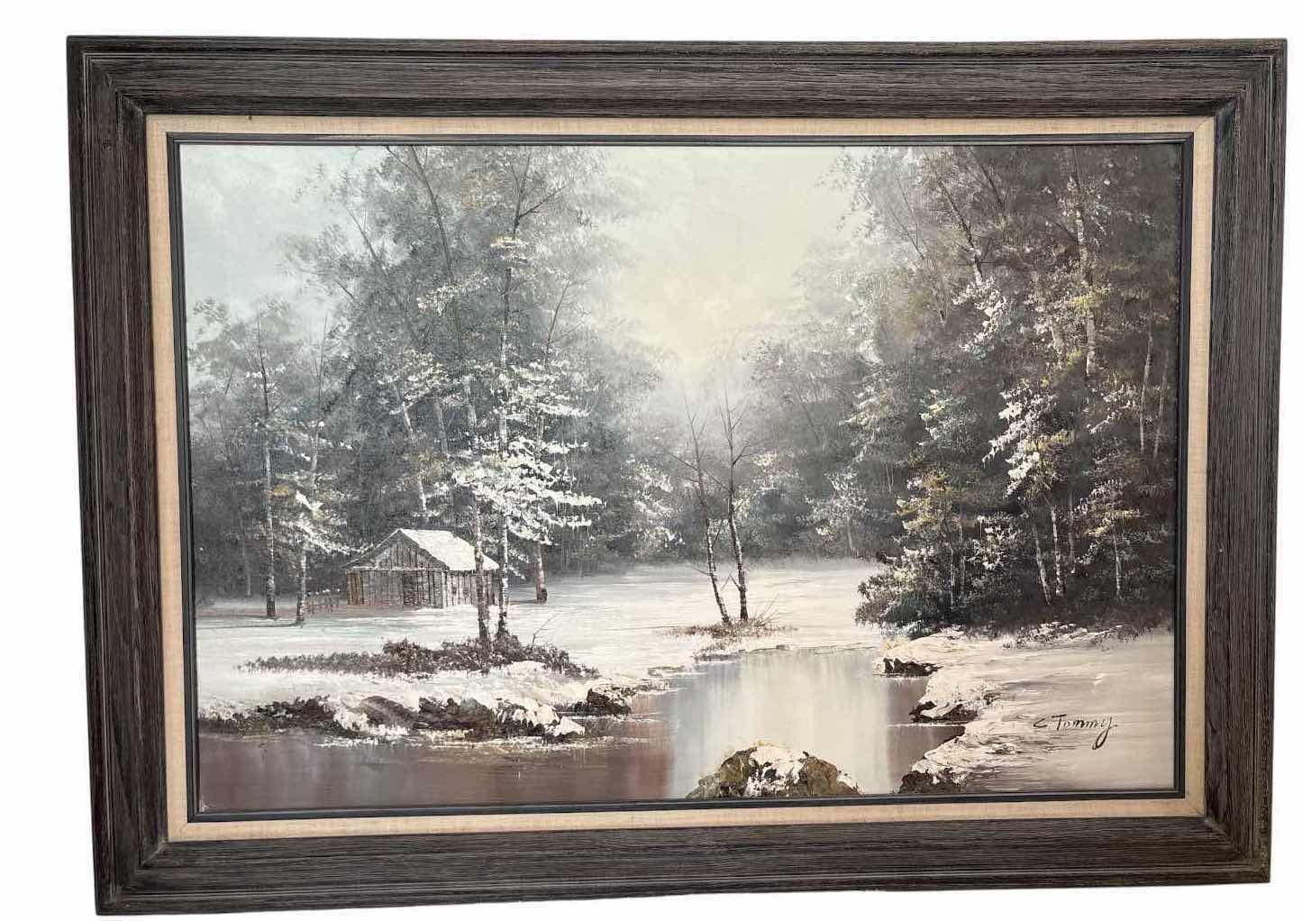 Photo 1 of FRAMED ORIGINAL WINTER LANDSCAPE OIL PAINTING, SIGNED “C. TOMMY,” FEATURING A SNOW-COVERED CABIN, FOREST, AND CREEK IN A TEXTURED IMPASTO STYLE 42”X31”