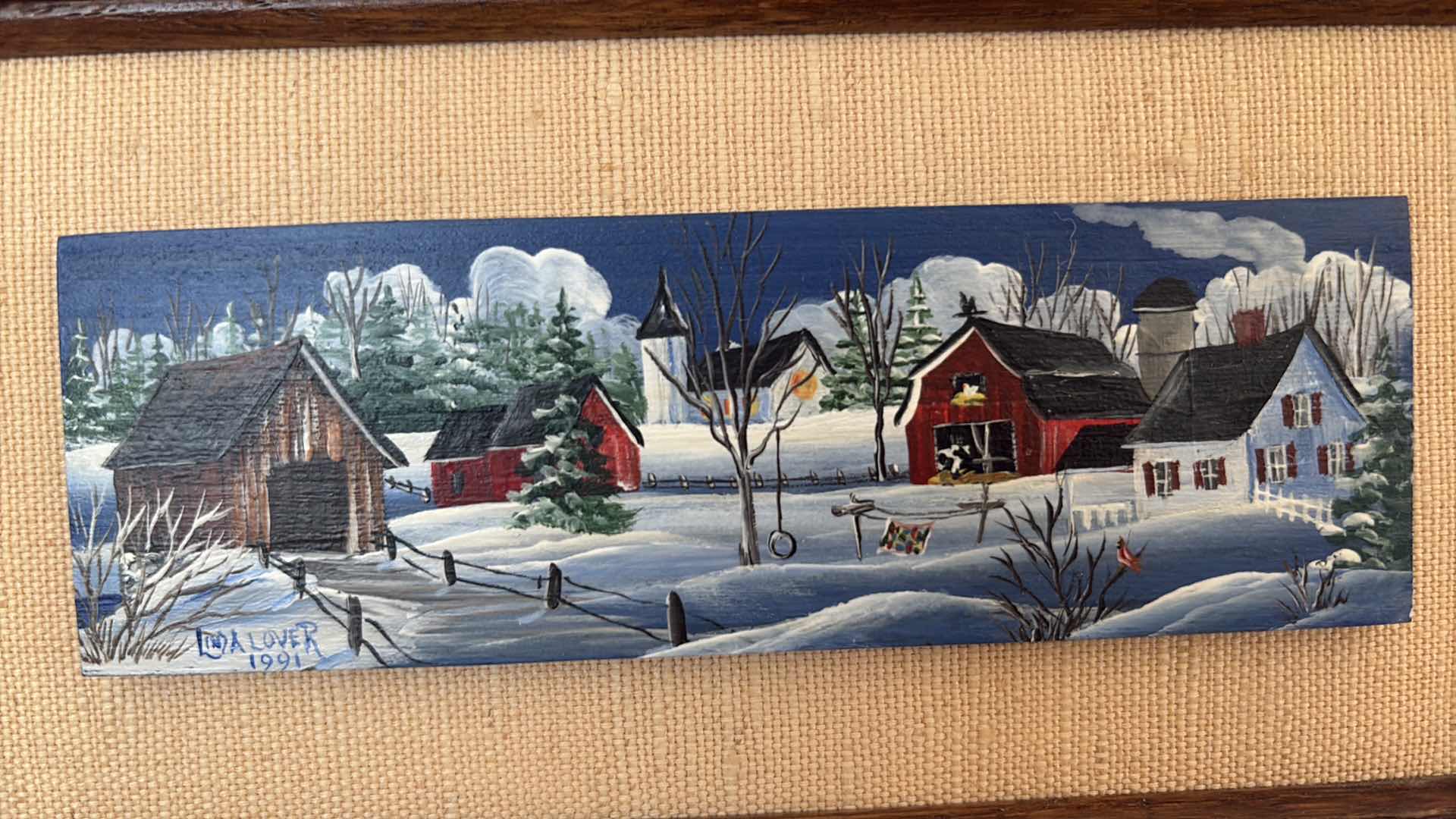 Photo 1 of FRAMED ARTWORK ORIGINAL LORA LOVER 1991 FOLK ART WINTER FARM SCENE PAINTING SIGNED 9”X5”
