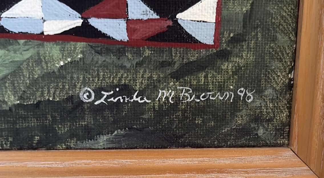 Photo 1 of FRAMED ARTWORK SIGNED LINDA M. BROWN “QUILTS” 1998 FOLK ART PAINTING W ORIGINAL RECEIPT 11.5”X12”