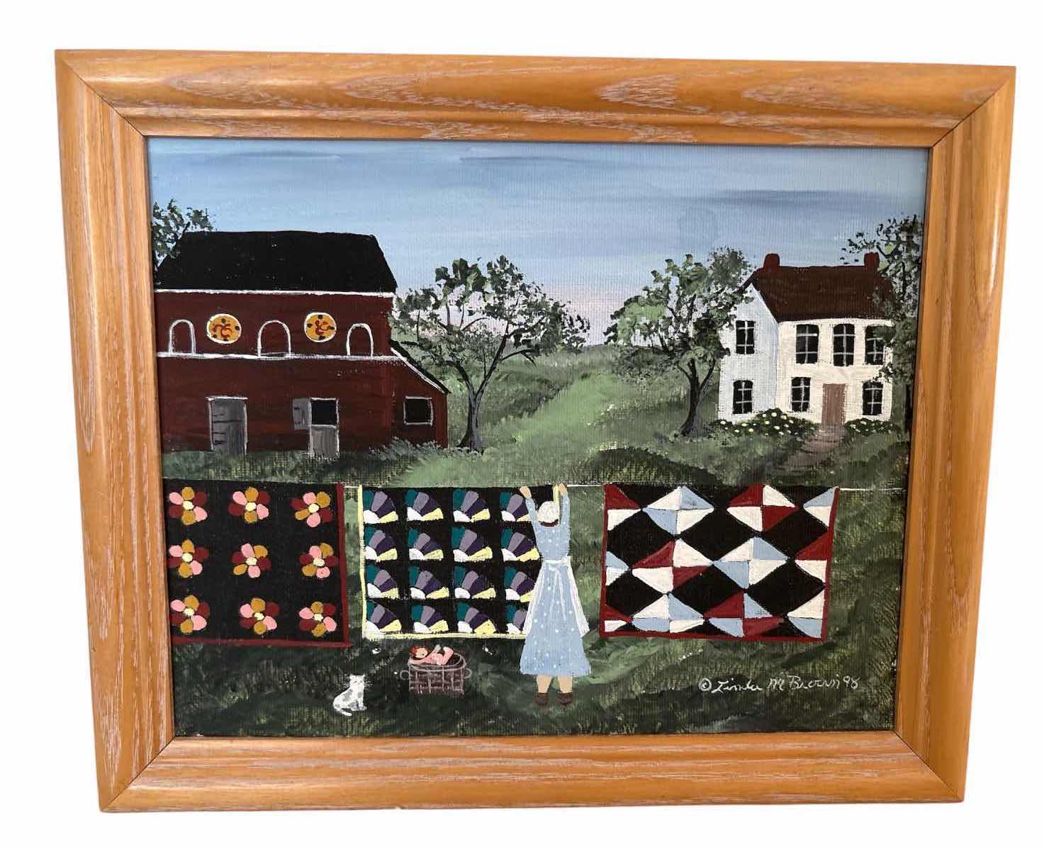 Photo 1 of FRAMED ARTWORK SIGNED LINDA M. BROWN “QUILTS” 1998 FOLK ART PAINTING W ORIGINAL RECEIPT 11.5”X12”