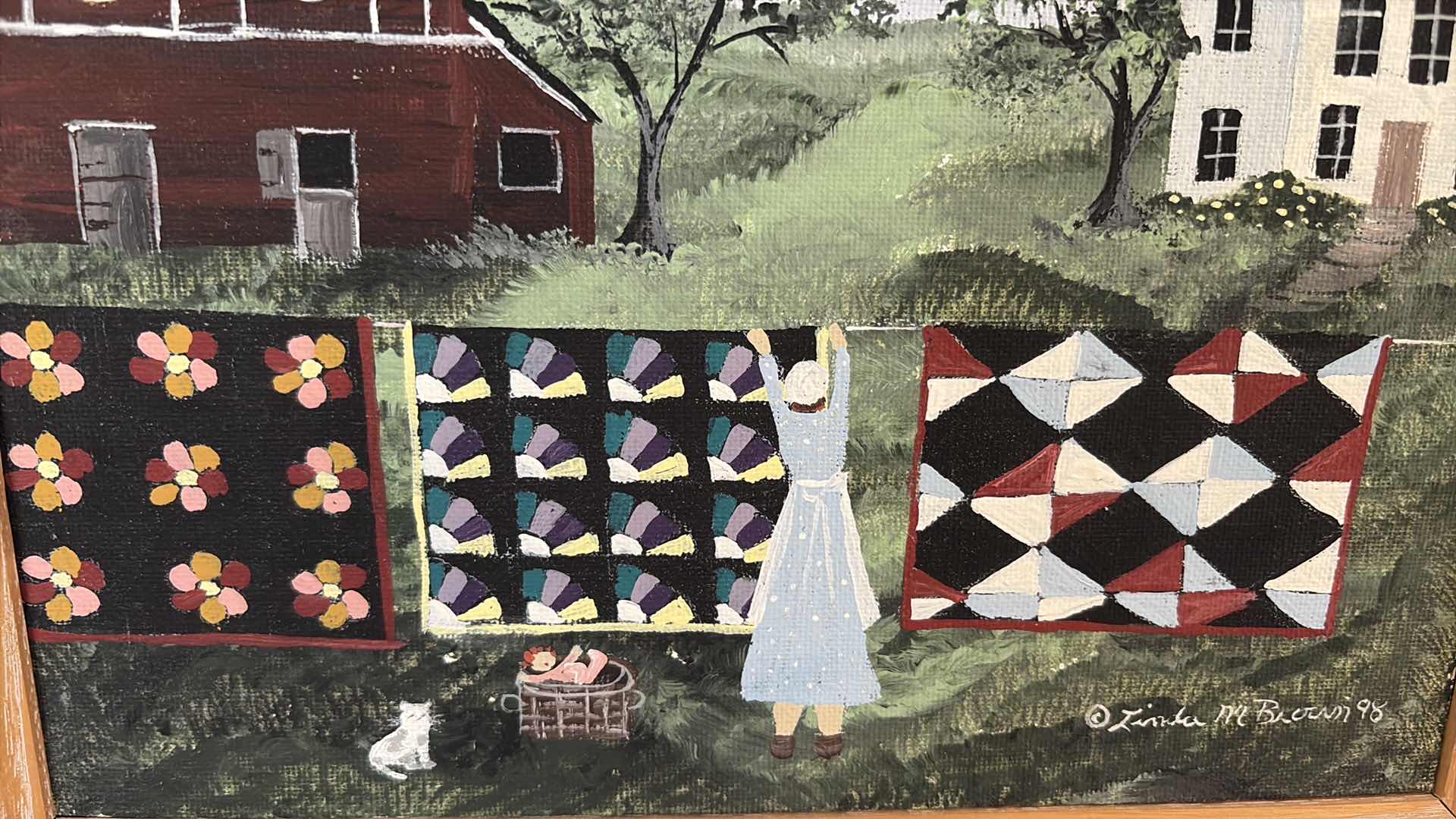 Photo 1 of FRAMED ARTWORK SIGNED LINDA M. BROWN “QUILTS” 1998 FOLK ART PAINTING W ORIGINAL RECEIPT 11.5”X12”