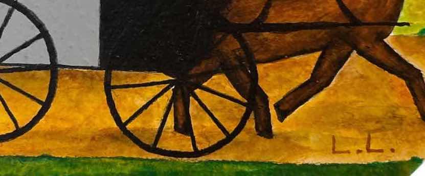 Photo 1 of WOODEN ARTWORK LARRY LOVER “AMISH WAGON” HAND-PAINTED FOLK ART WOOD PLAQUE 1998 W ORIGINAL RECEIPT