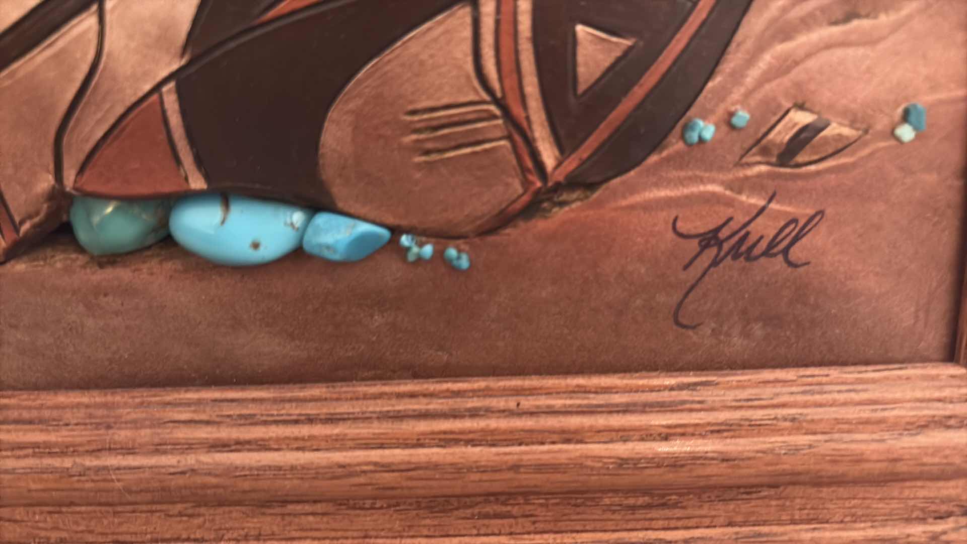 Photo 1 of FRAMED ARTWORK SOUTHWESTERN DIMENSIONAL LEATHER ART FEATURING ACOMA-STYLE POTTERY SIGNED BY KULL IN WOOD FRAME W ORIGINAL RECEIPT 12”X10.5”