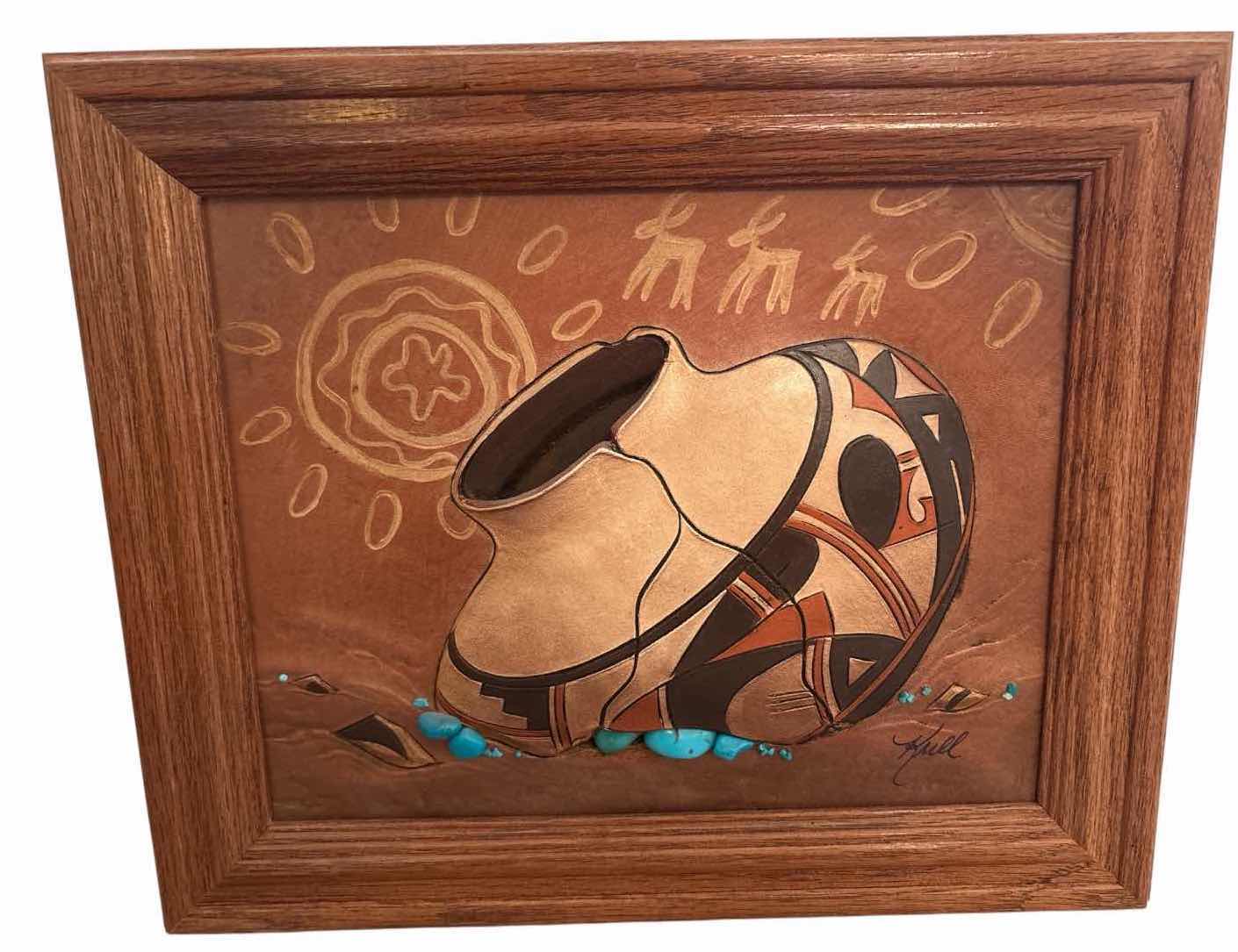 Photo 1 of FRAMED ARTWORK SOUTHWESTERN DIMENSIONAL LEATHER ART FEATURING ACOMA-STYLE POTTERY SIGNED BY KULL IN WOOD FRAME W ORIGINAL RECEIPT 12”X10.5”