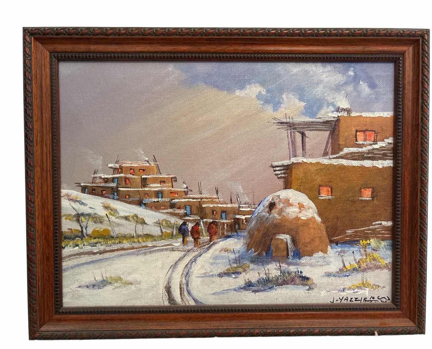 Photo 1 of FRAMED ORIGINAL SOUTHWESTERN OIL PAINTING OF A TAOS PUEBLO WINTER SCENE, SIGNED J. YAZZIE 13.5”X10.5”
