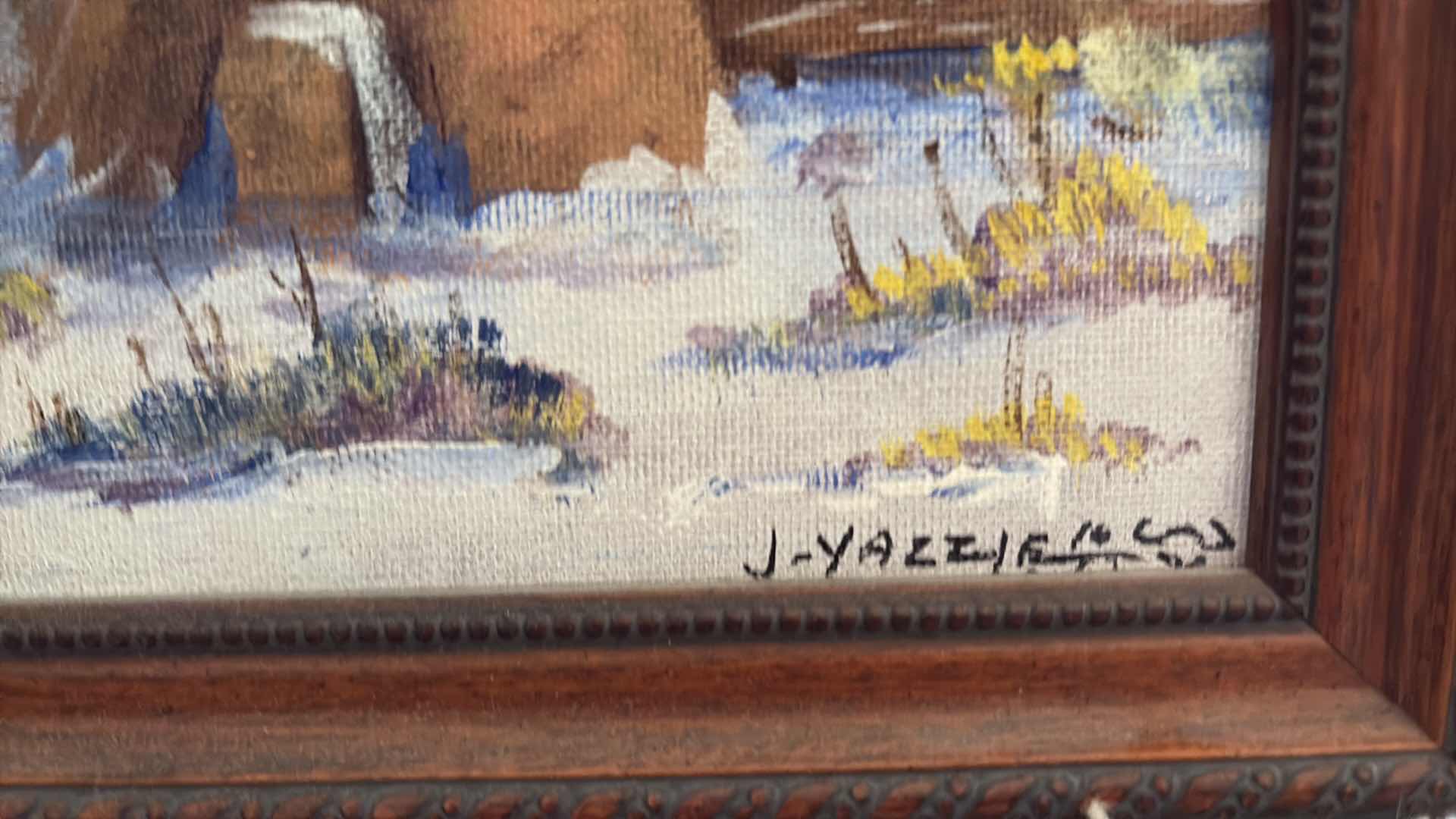 Photo 1 of FRAMED ORIGINAL SOUTHWESTERN OIL PAINTING OF A TAOS PUEBLO WINTER SCENE, SIGNED J. YAZZIE 13.5”X10.5”