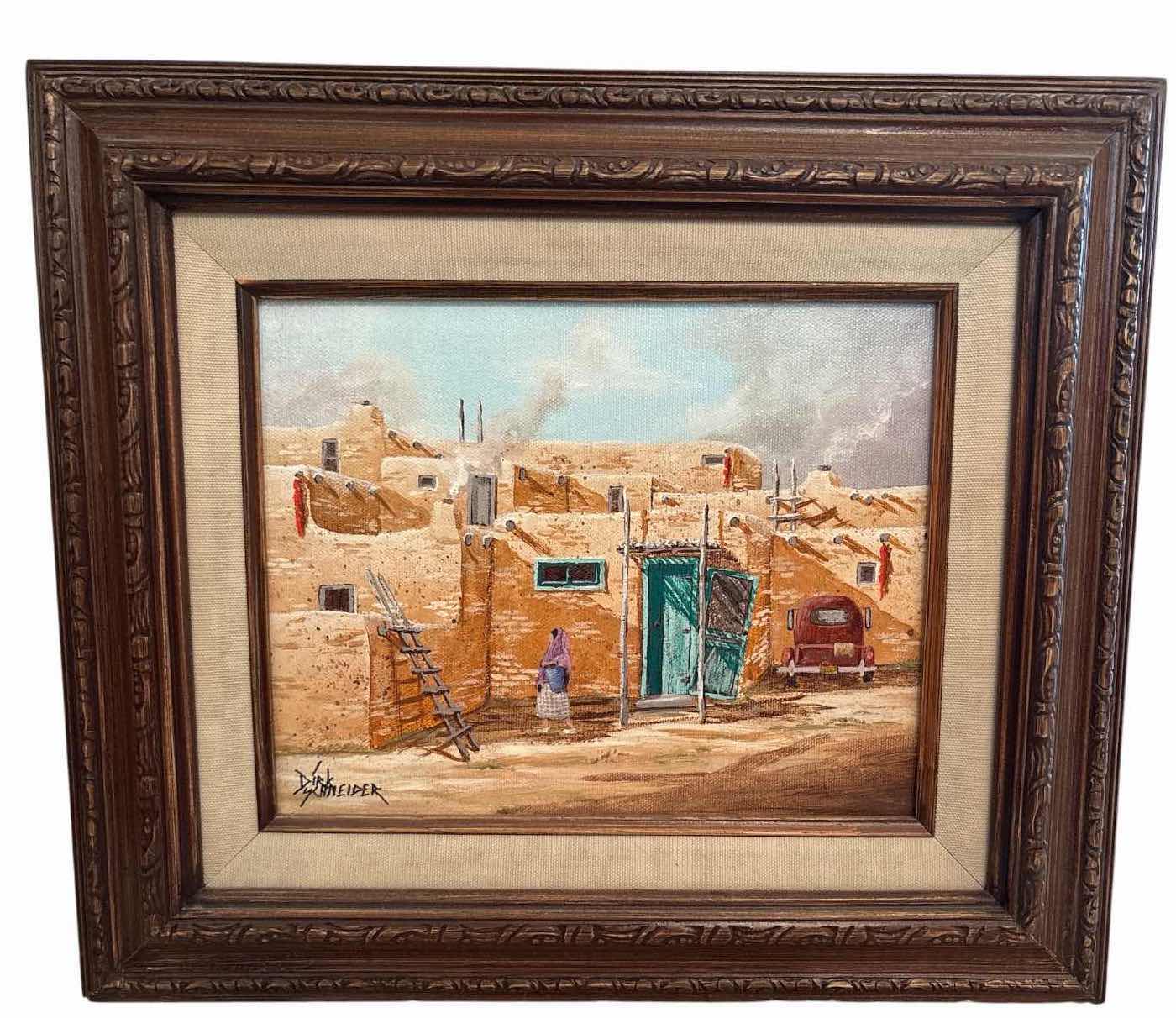 Photo 1 of FRAMED ARTWORK ORIGINAL SOUTHWESTERN ADOBE PUEBLO OIL PAINTING, SIGNED DIRK SCHNEIDER W ORIGINAL RECEIPT 15”X14”
