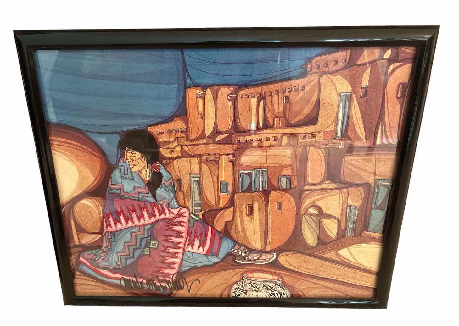 Photo 1 of FRAMED ARTWORK SOUTHWESTERN NATIVE AMERICAN PUEBLO PRINT SIGNED 20.5”X17”