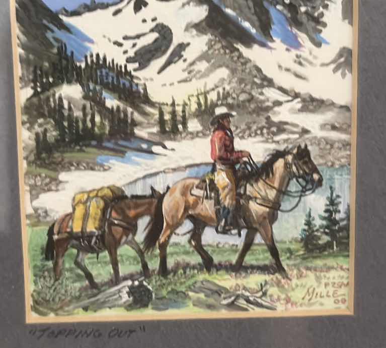Photo 1 of FRAMED ARTWORK MINIATURE WESTERN WATERCOLOR PAINTING “TOPPING OUT” BY MILLE FUNK, OF COWBOY ON HORSEBACK WITH PACK HORSE IN MOUNTAIN LANDSCAPE SIGNED 6”X6.25