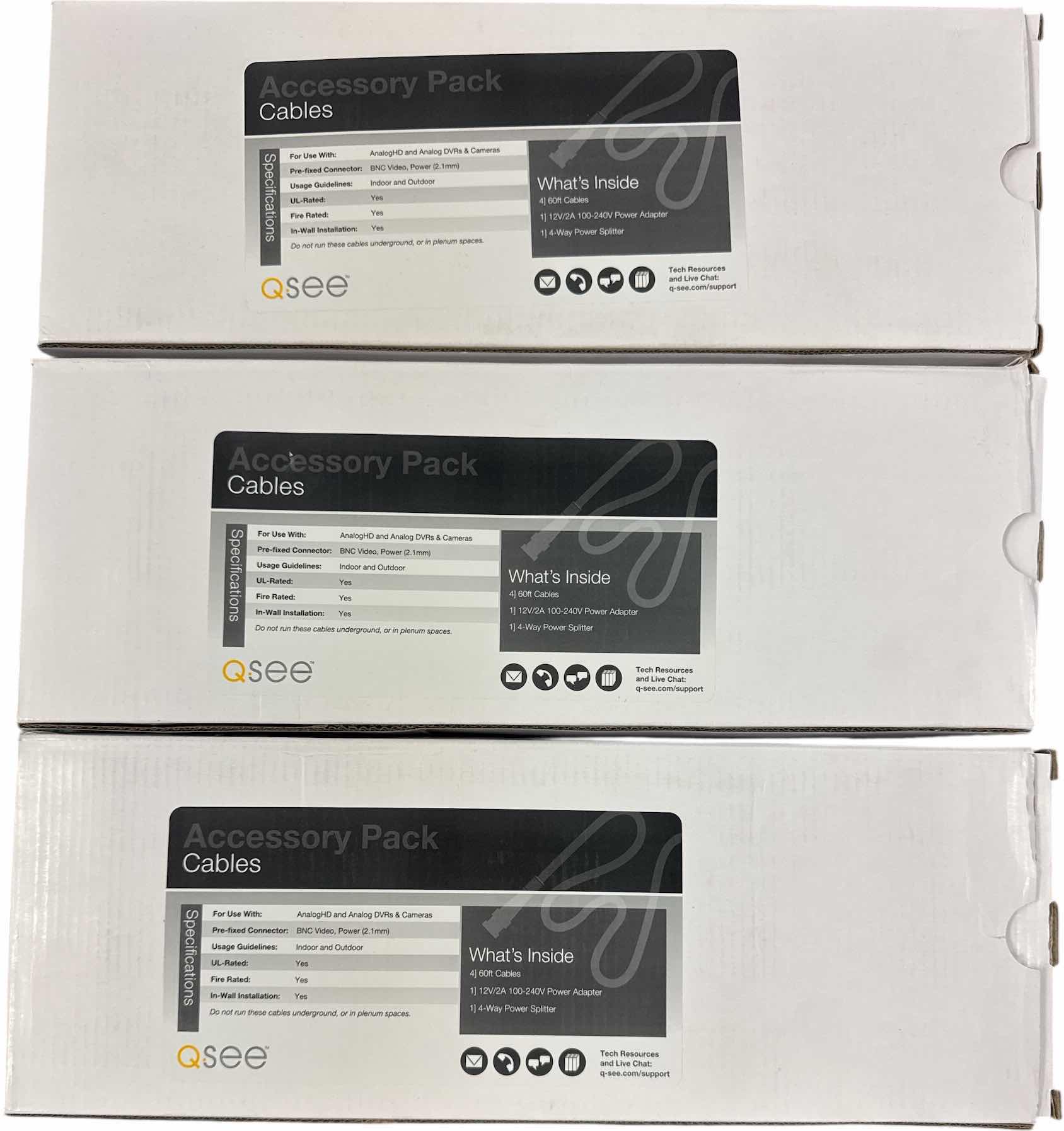 Photo 1 of 3- ACCESSORY PACK CABLES FOR ANALOG HD AND ANALOG DVR’S AND CAMERAS 4-60FT CABLES, 1- 12V/2A 100-240V POWER ADAPTER, 1- 4-WAY POWER SPLITTER