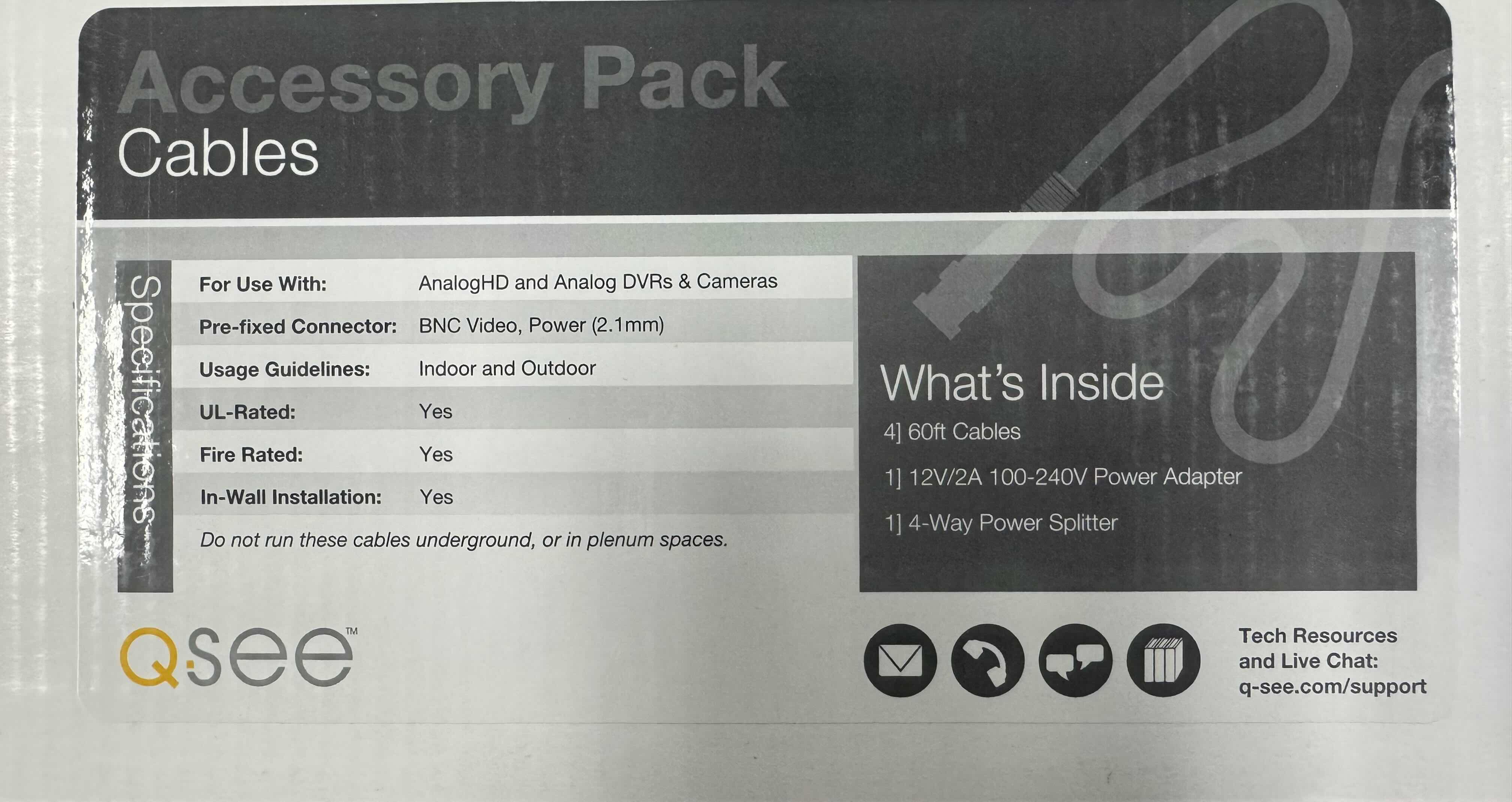 Photo 2 of 3- ACCESSORY PACK CABLES FOR ANALOG HD AND ANALOG DVR’S AND CAMERAS 4-60FT CABLES, 1- 12V/2A 100-240V POWER ADAPTER, 1- 4-WAY POWER SPLITTER