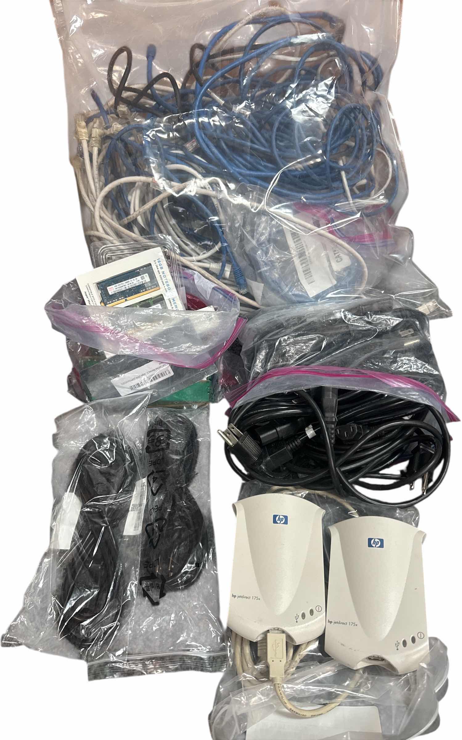 Photo 1 of BOX OF ASSORTED COMPUTER CABLES, POWER CORDS, WIRED MOUSE, HDMI, PRINT SERVERS HP JET 175X, MEMORY CHIPS
BOX
19” X 18” X H9”