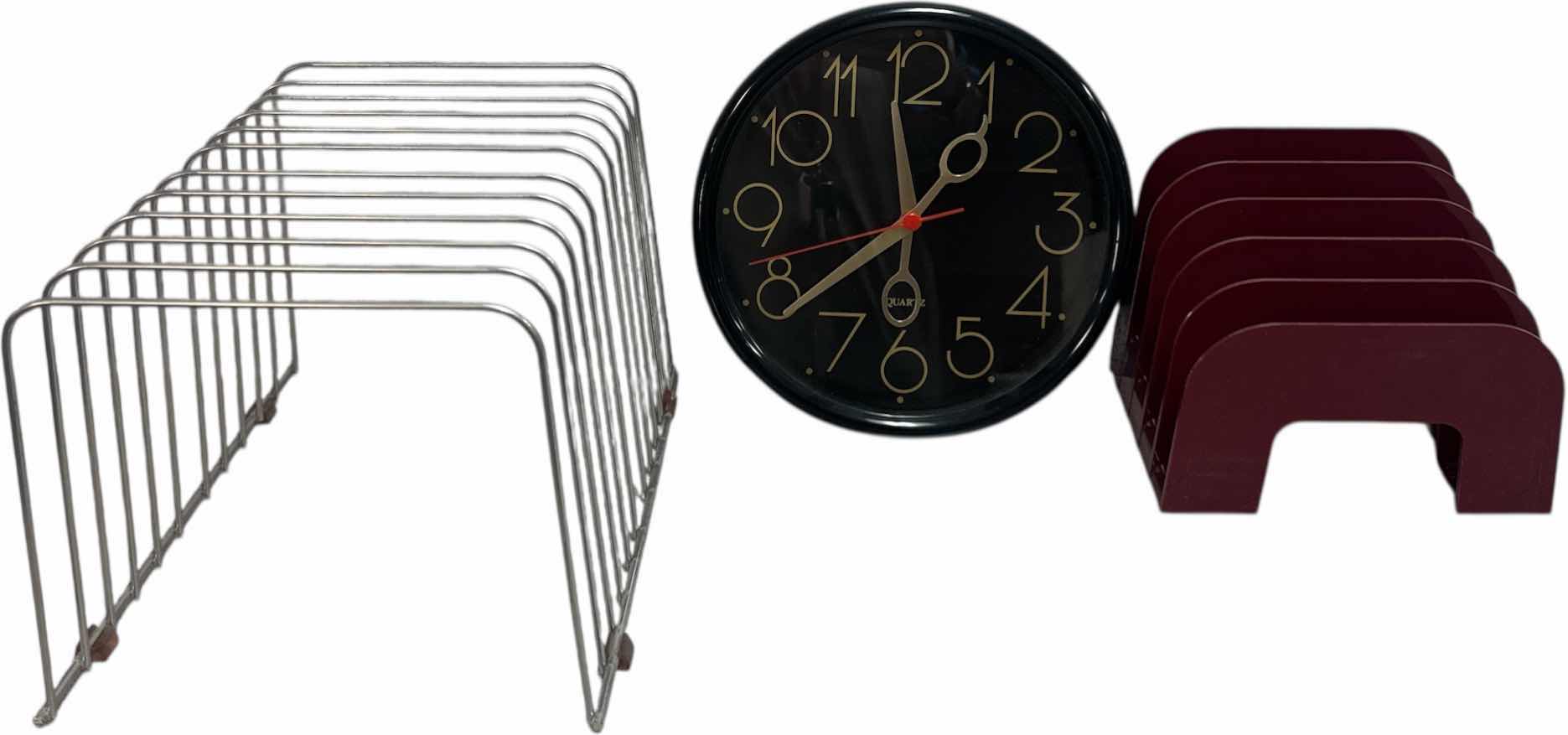 Photo 1 of 9- ASSORTED OFFICE ESSENTIALS, FILE ORGANIZERS, ELECTRIC PENCIL SHARPENER, CALCULATOR, BOX OF PAPERCLIPS, HEAVY DUTY STAPLER, WALL CLOCK
CLOCK
D9.5” X H.75”