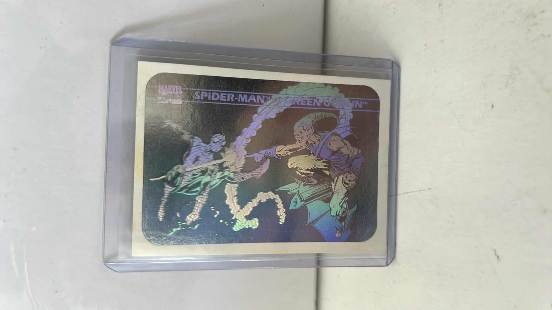 Photo 1 of 1990 AMPEL MARVEL UNIVERSE HOLAGRAM CARD WITH SPIDER MAN VS GREEN GOBLIN $60