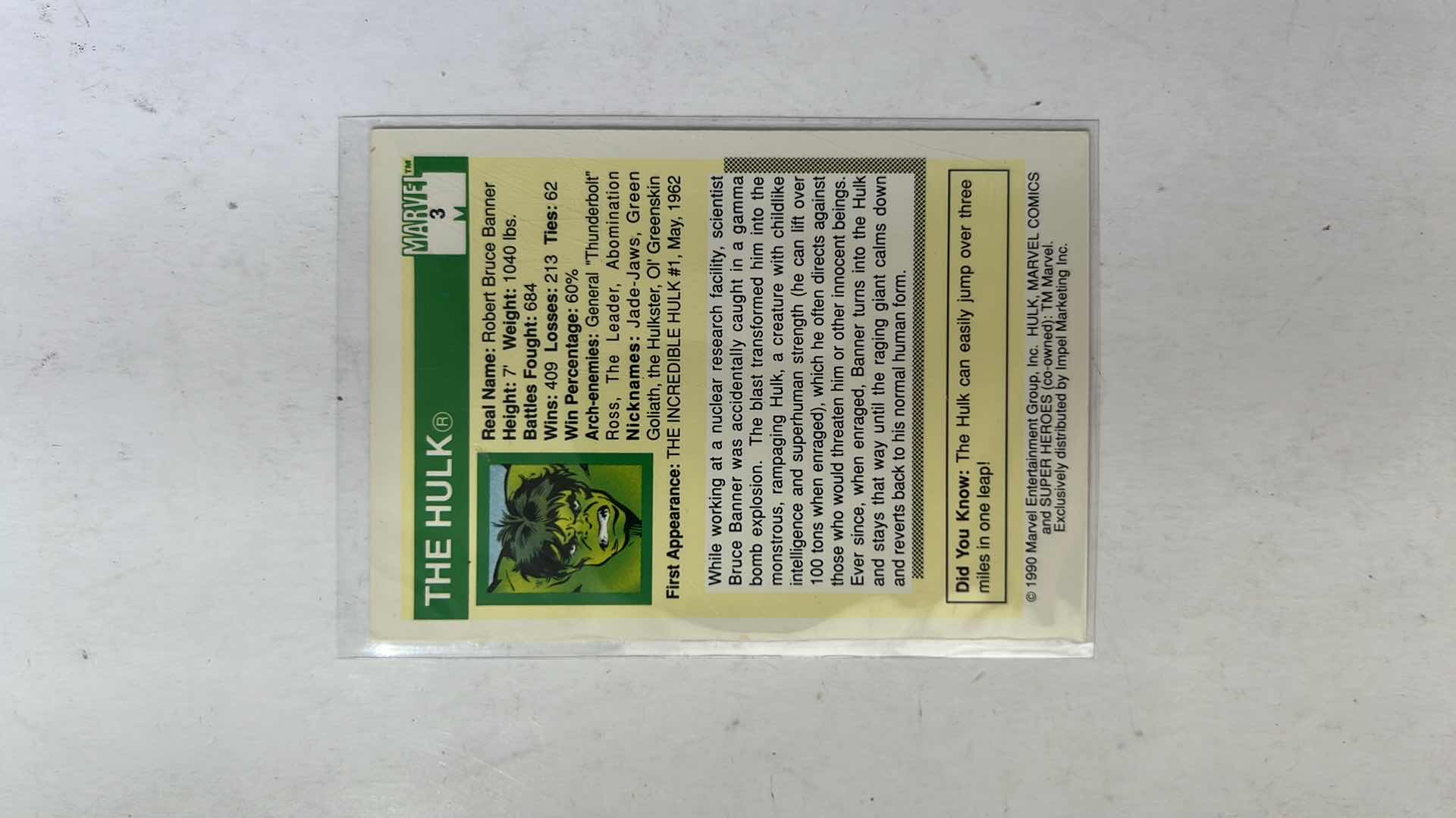 Photo 1 of 1990 IMPEL MARVEL UNIVERSE SUPER HEROES CARD 3 HULK