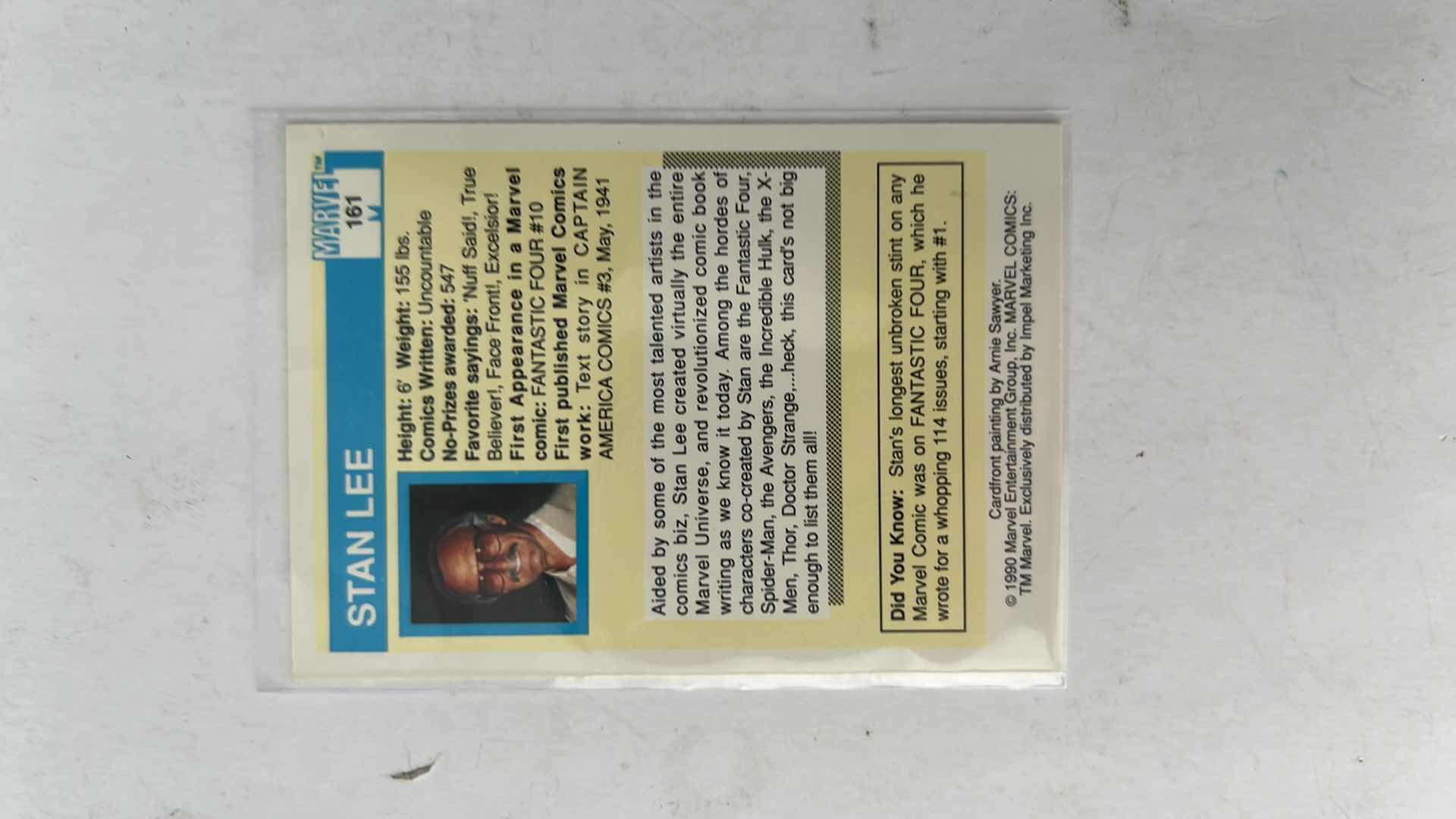 Photo 1 of 1990 IMPEL MARVEL UNIVERSE STAN LEE CARD 161