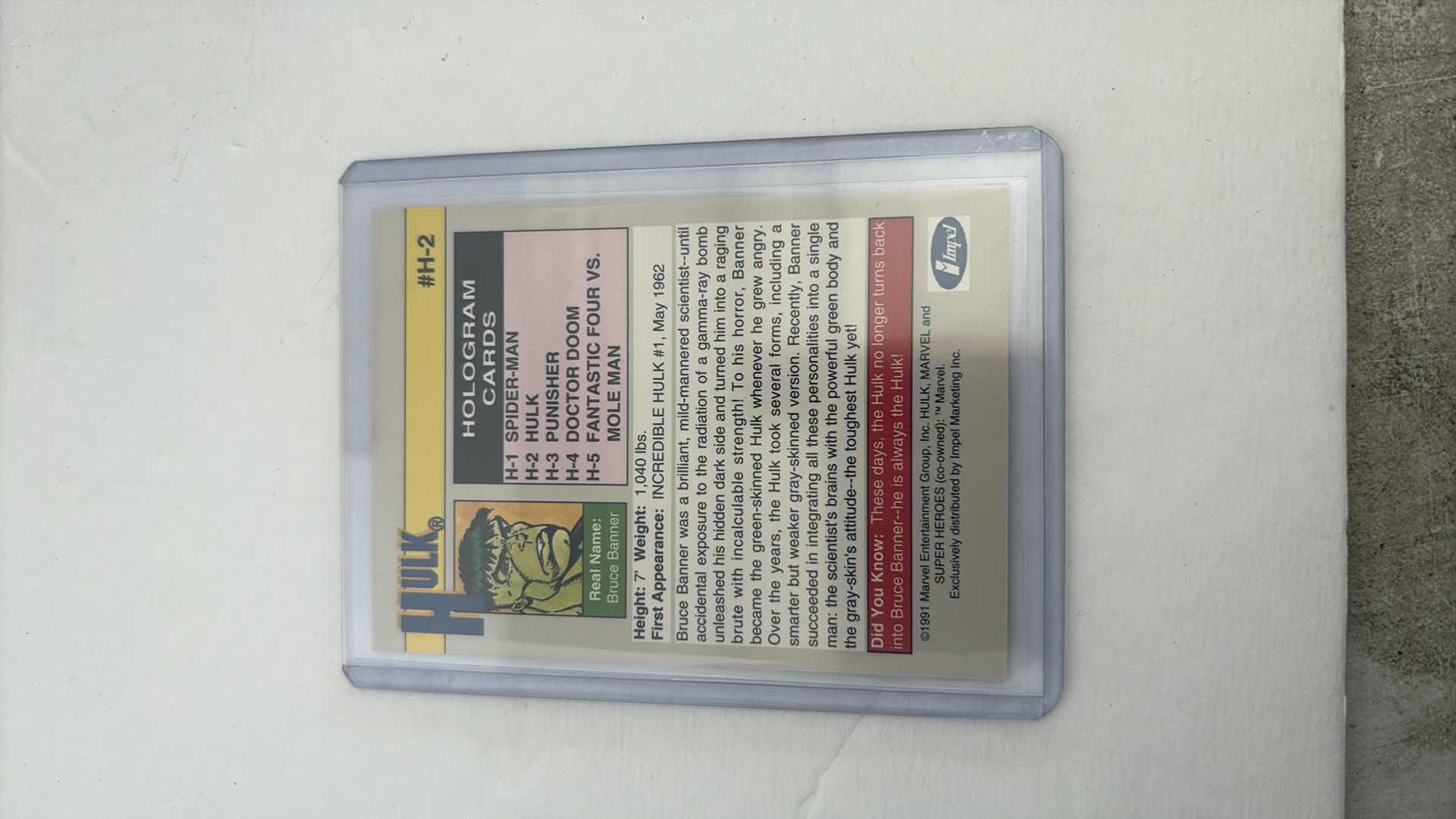 Photo 1 of MARVEL IMPEL TRADING CARD HOLOGRAPHIC “ HULK “ SERIES II CARD #H-2