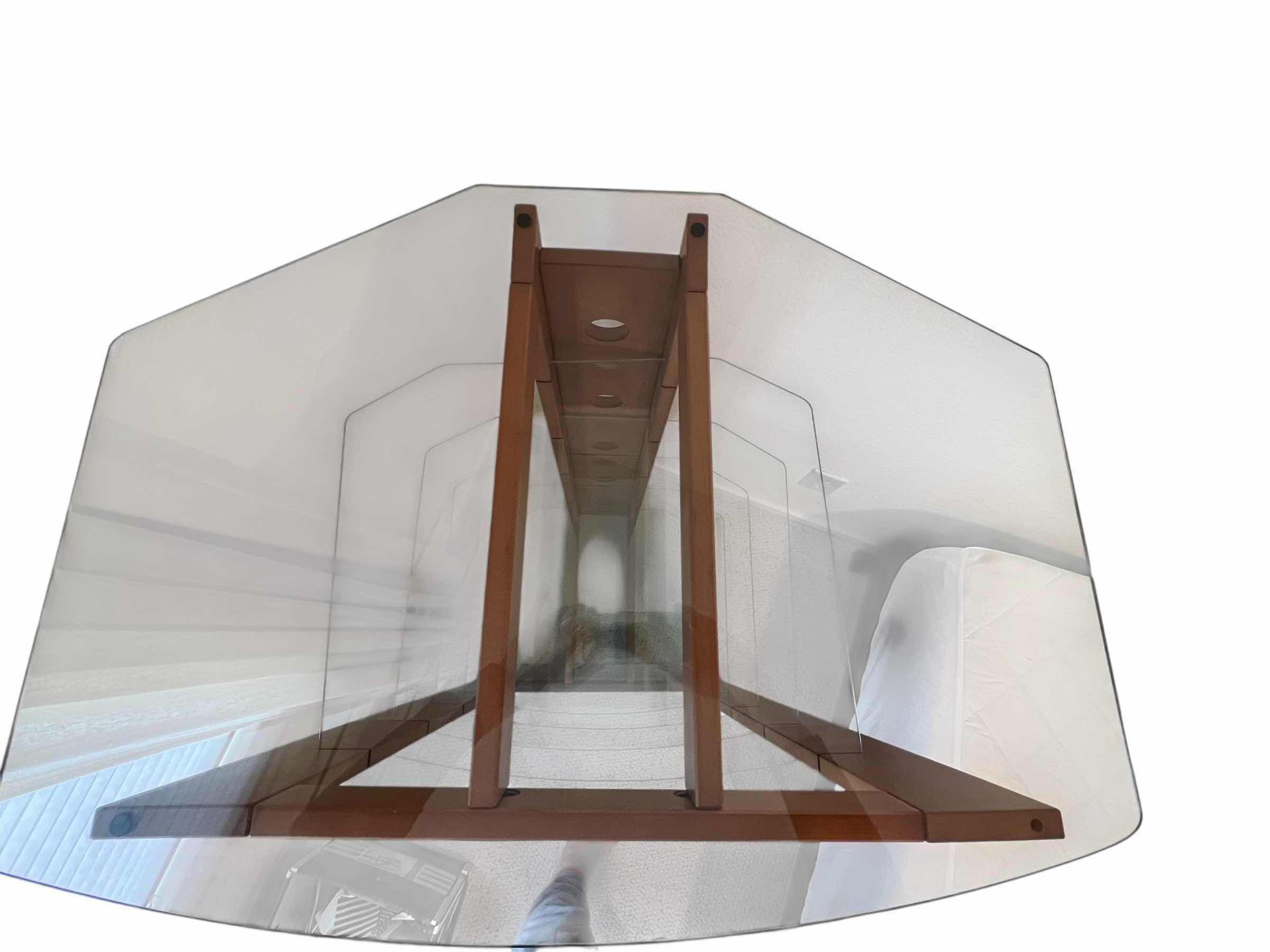 Photo 1 of 47” TALL GLASS AND WOOD CORNER SHELF 22.5” D X 30”W