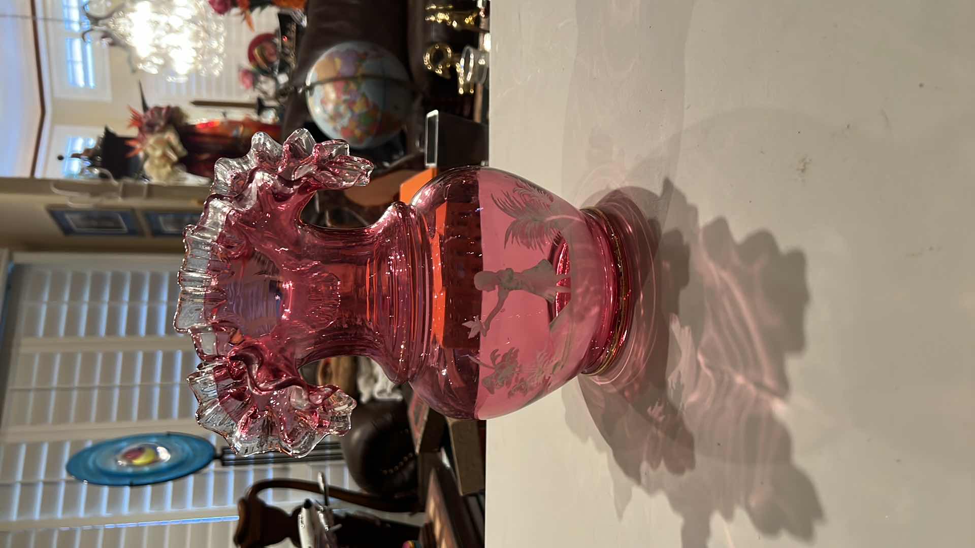 Photo 1 of 10” TALL PINK CRANBERRY WITH LITTLE GIRL AND DOVE ETCHED GLASS VASE