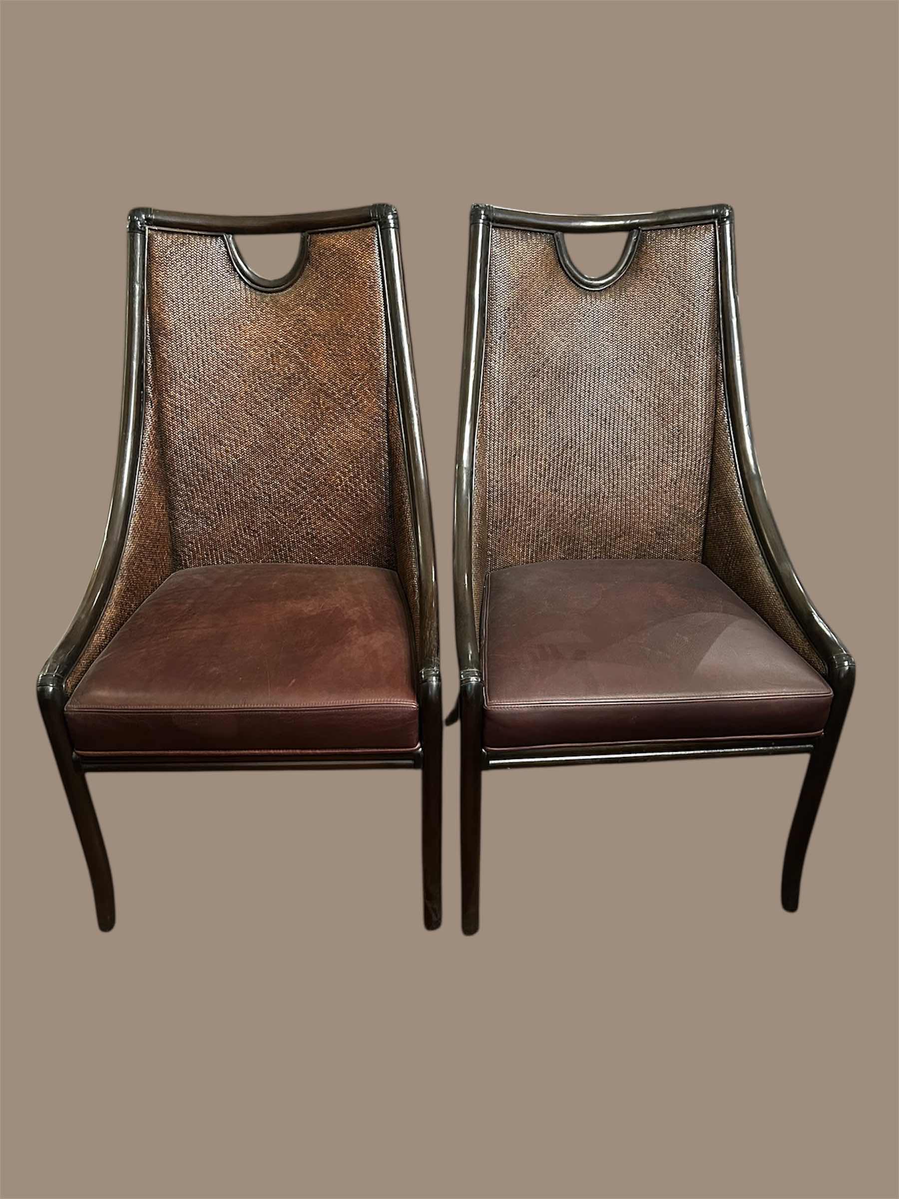 Photo 1 of 2- RATTAN  FRAME CANE BACK CHAIR W BROWN LEATHER UPHOLSTERED CUSHION
