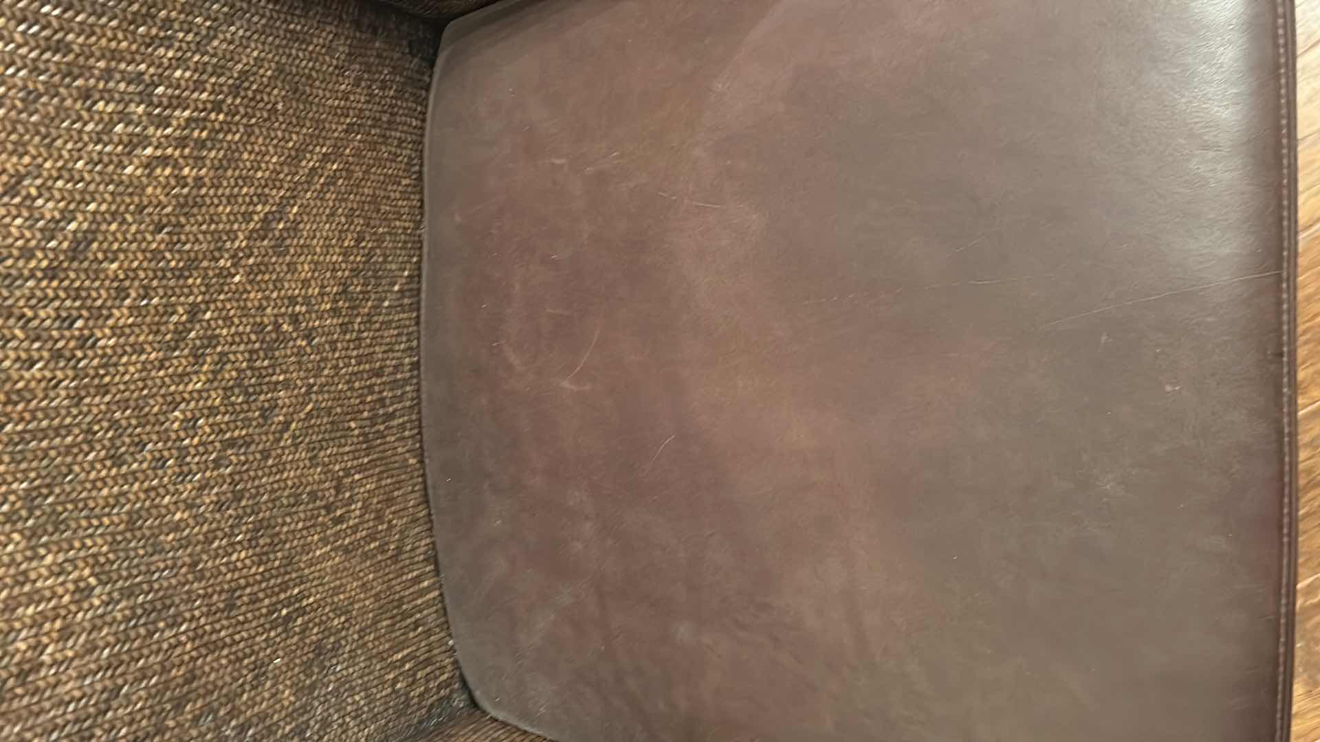 Photo 1 of 2- RATTAN  CANE BACK CHAIRS W BROWN LEATHER UPHOLSTERED CUSHION