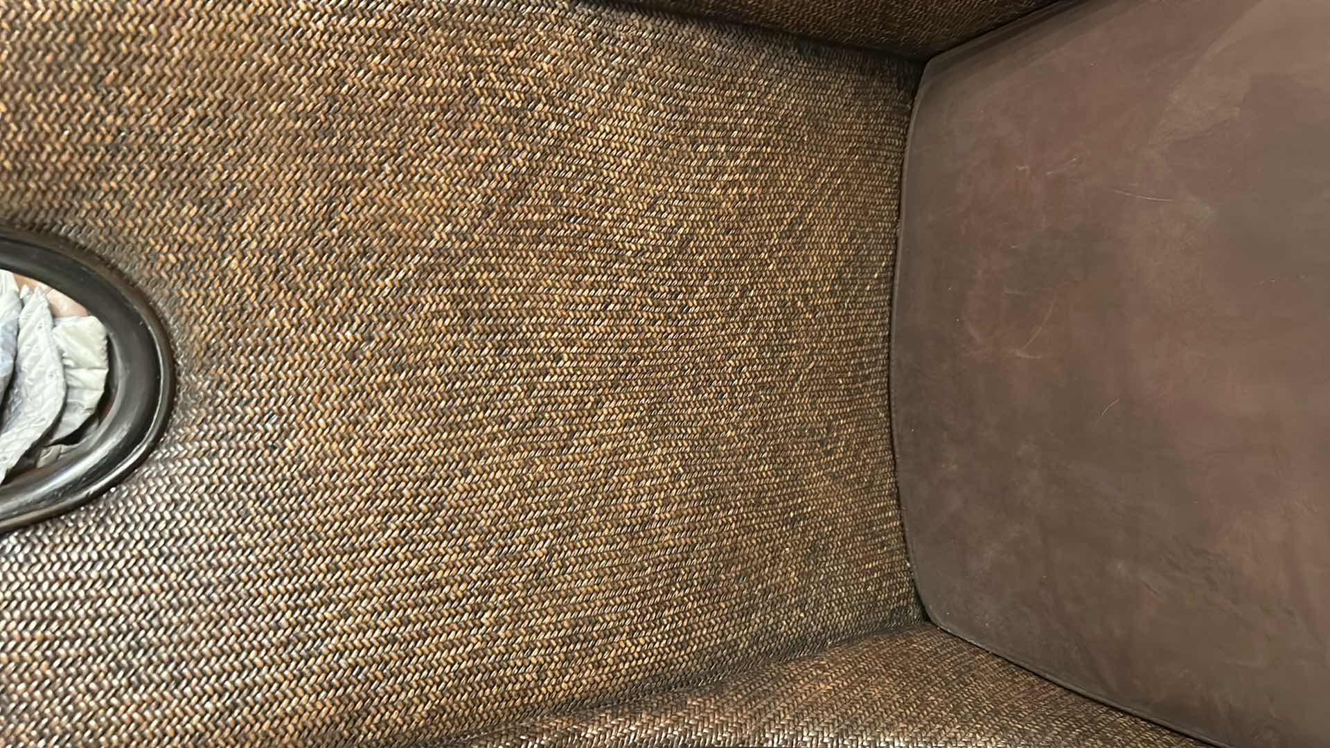 Photo 1 of 2- RATTAN  CANE BACK CHAIRS W BROWN LEATHER UPHOLSTERED CUSHION