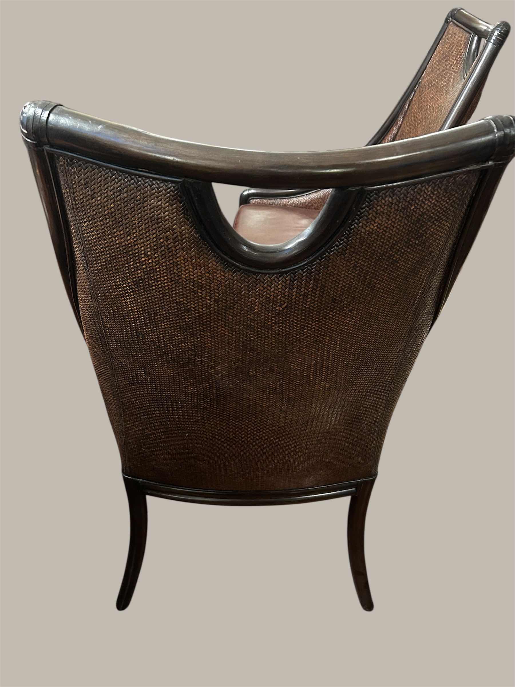 Photo 1 of 2- RATTAN  CANE BACK CHAIRS W BROWN LEATHER UPHOLSTERED CUSHION