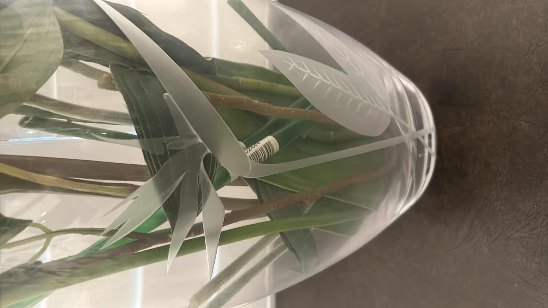 Photo 1 of BIRDS OF PARADISE ETCHED GLASS VASE W FAUX FLOWERS H 28"