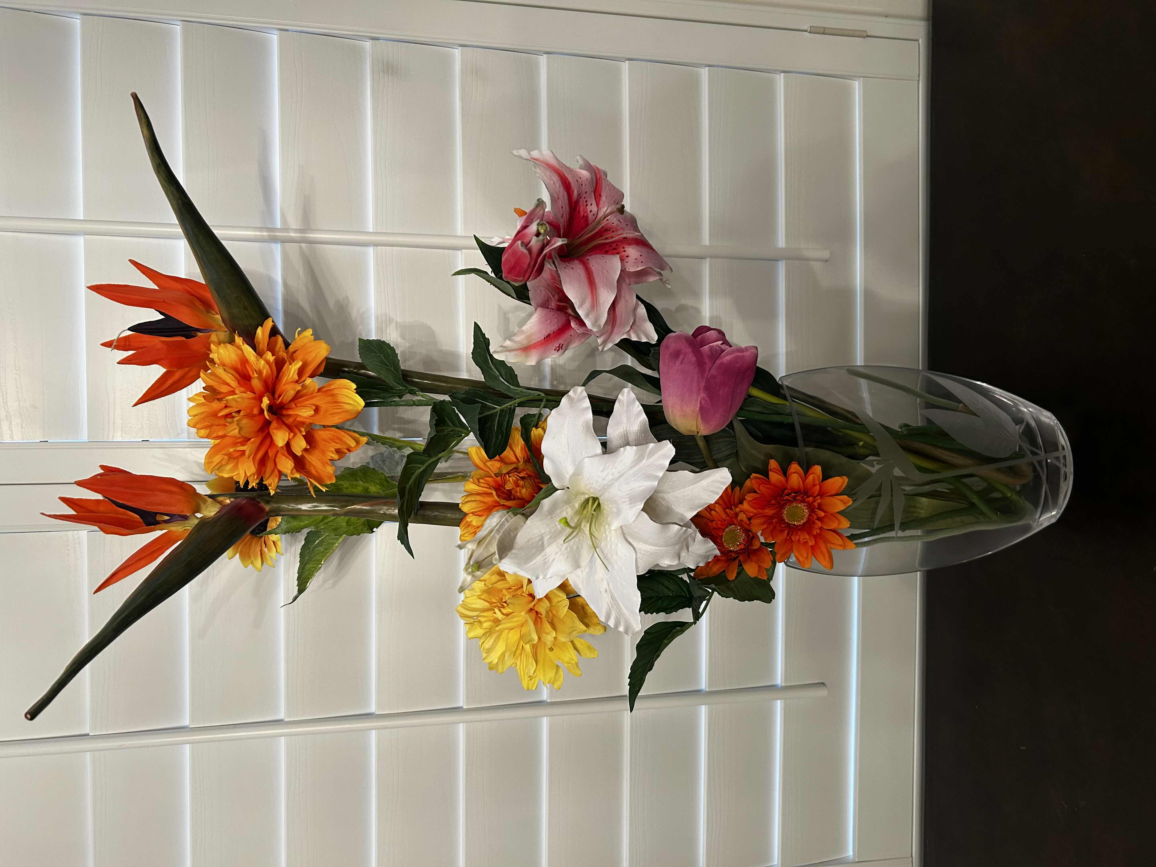 Photo 1 of BIRDS OF PARADISE ETCHED GLASS VASE  W FAUX FLOWERS H 36"