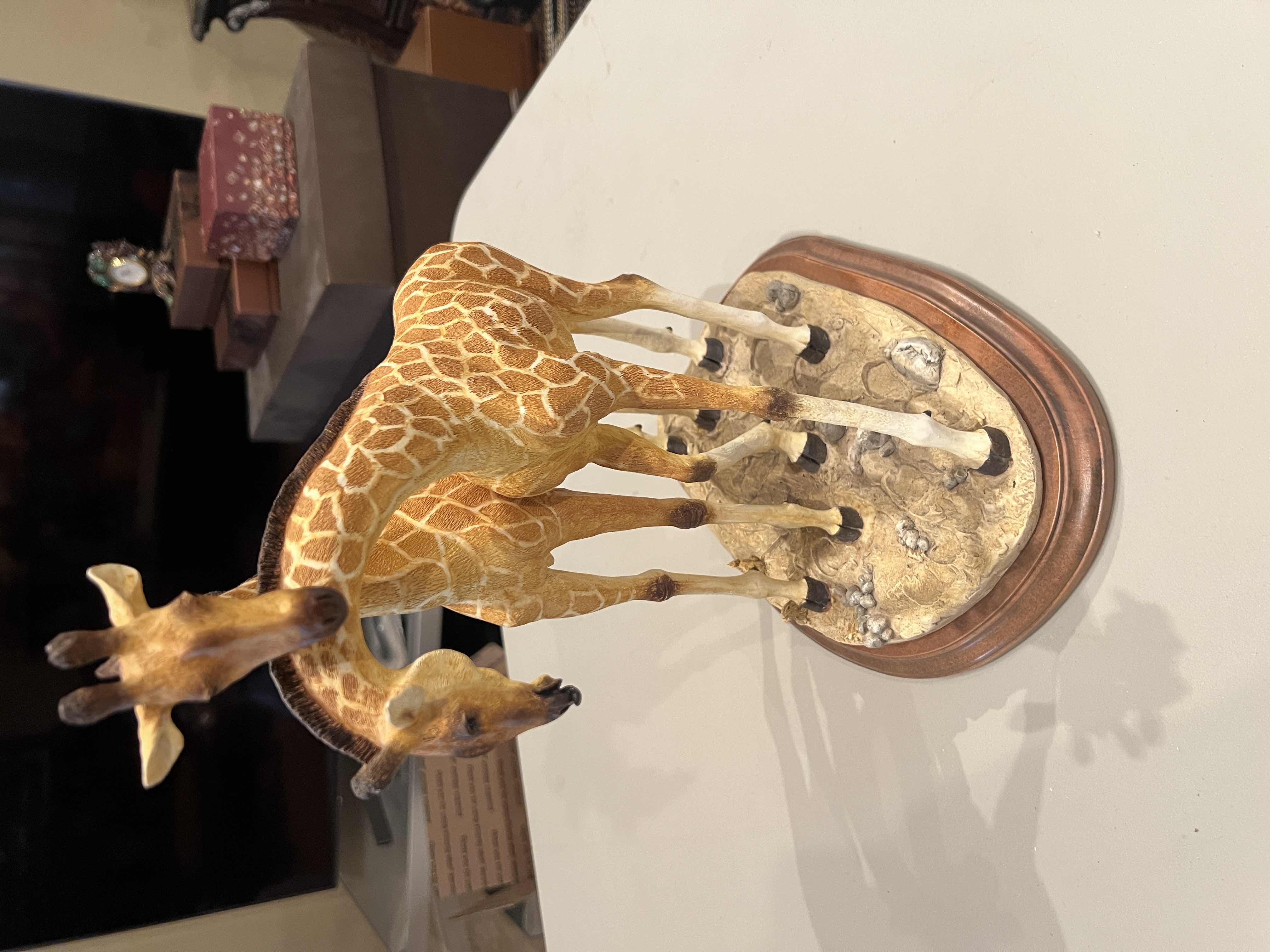 Photo 1 of CREART RESIN NECKING SIGNS GIRAFFES ON FIELD ON A BROWN WOOD BASE 91/950 15”H X 11”W