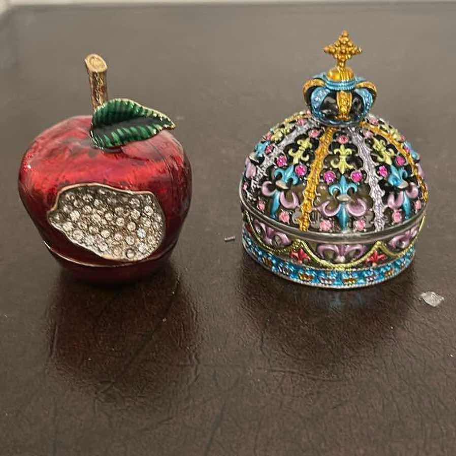 Photo 1 of 2-COLLECTION OF ORNATE CRYSTAL STUDDED TRINKET BOXES APPLE CROWN W MAIL BOX