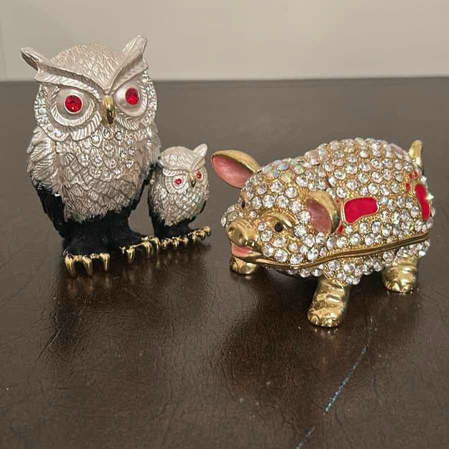 Photo 1 of 2- COLLECTABLE ORNATE CRYSTAL STUDDED TRINKET BOXES  PIG OWL
