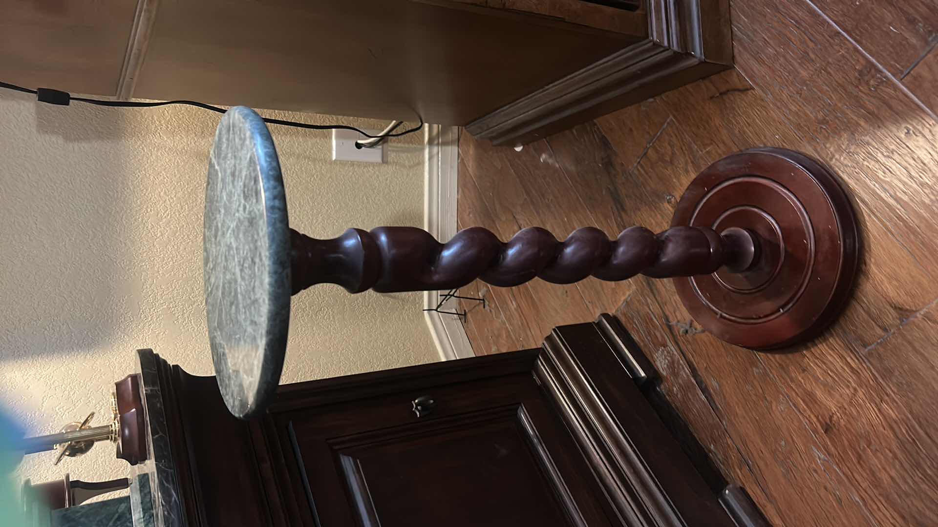 Photo 1 of BARLEY TWIST PLANT STAND OR PEDESTAL TABLE WITH GREEN MARBLE TOP. 11“ x 29 1/2“