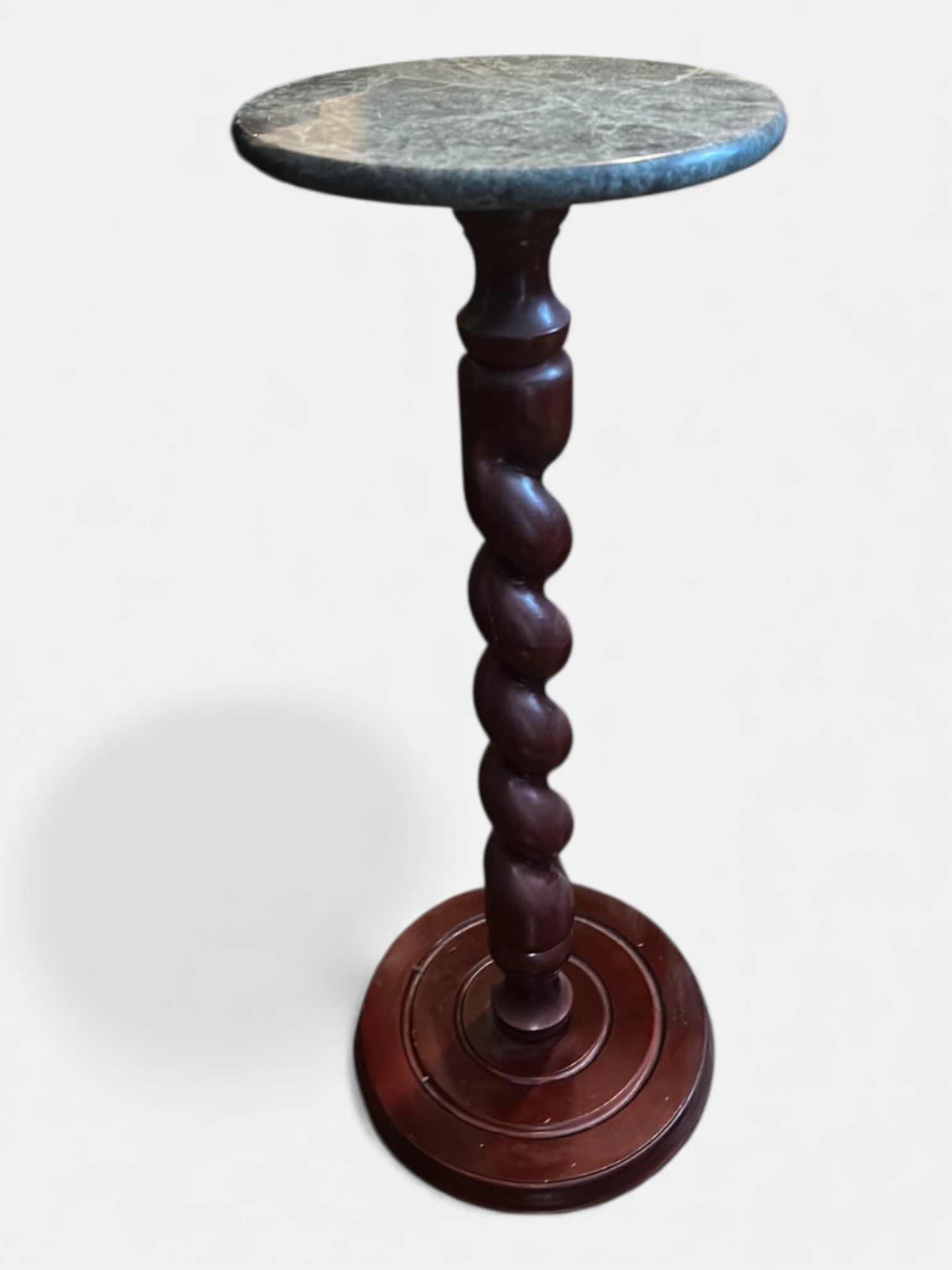 Photo 1 of BARLEY TWIST PLANT STAND OR PEDESTAL TABLE WITH GREEN MARBLE TOP. 11“ x 29 1/2“