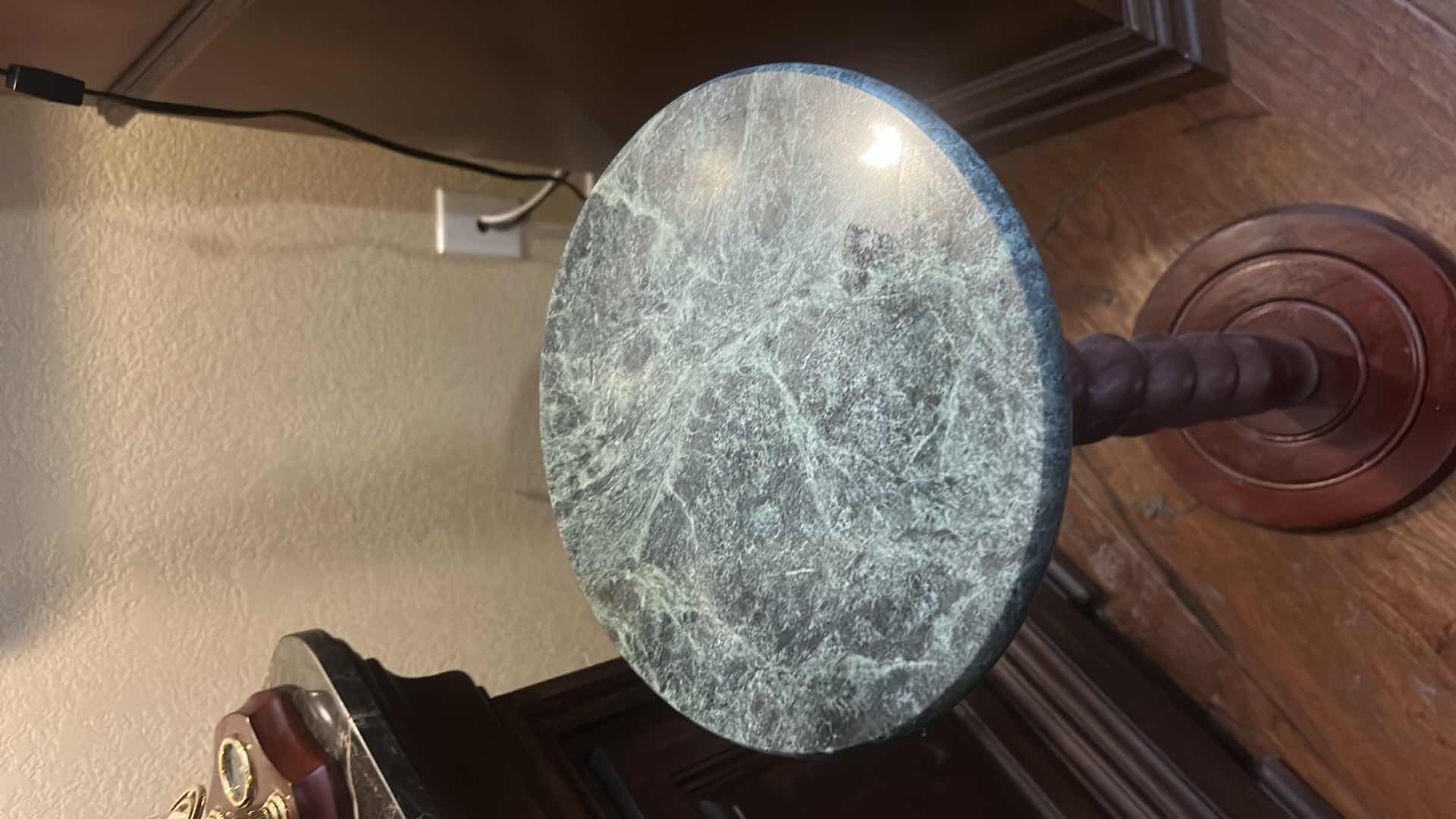 Photo 1 of BARLEY TWIST PLANT STAND OR PEDESTAL TABLE WITH GREEN MARBLE TOP. 11“ x 29 1/2“