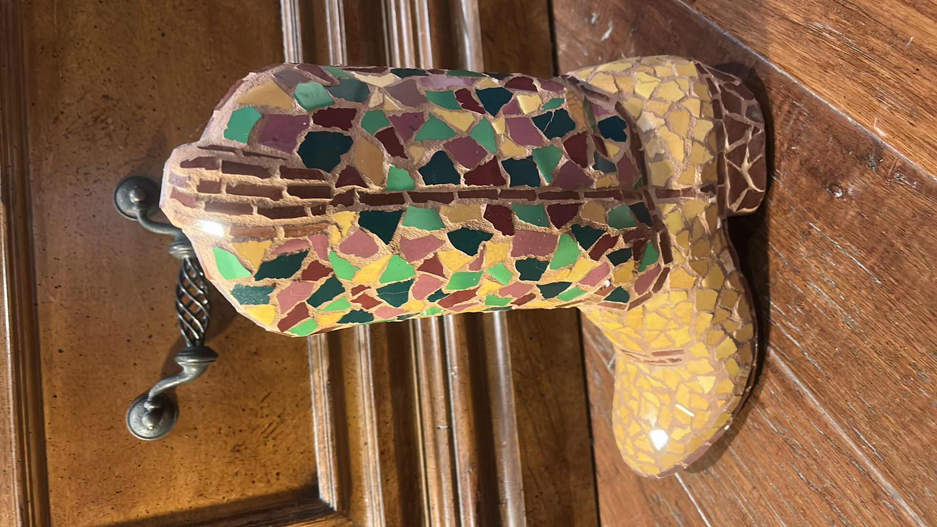 Photo 1 of AMEN HARDY HOME COWBOY BOOT FLOWER POT SIGNED MOSAIC POTTERY BOOT H12.25”