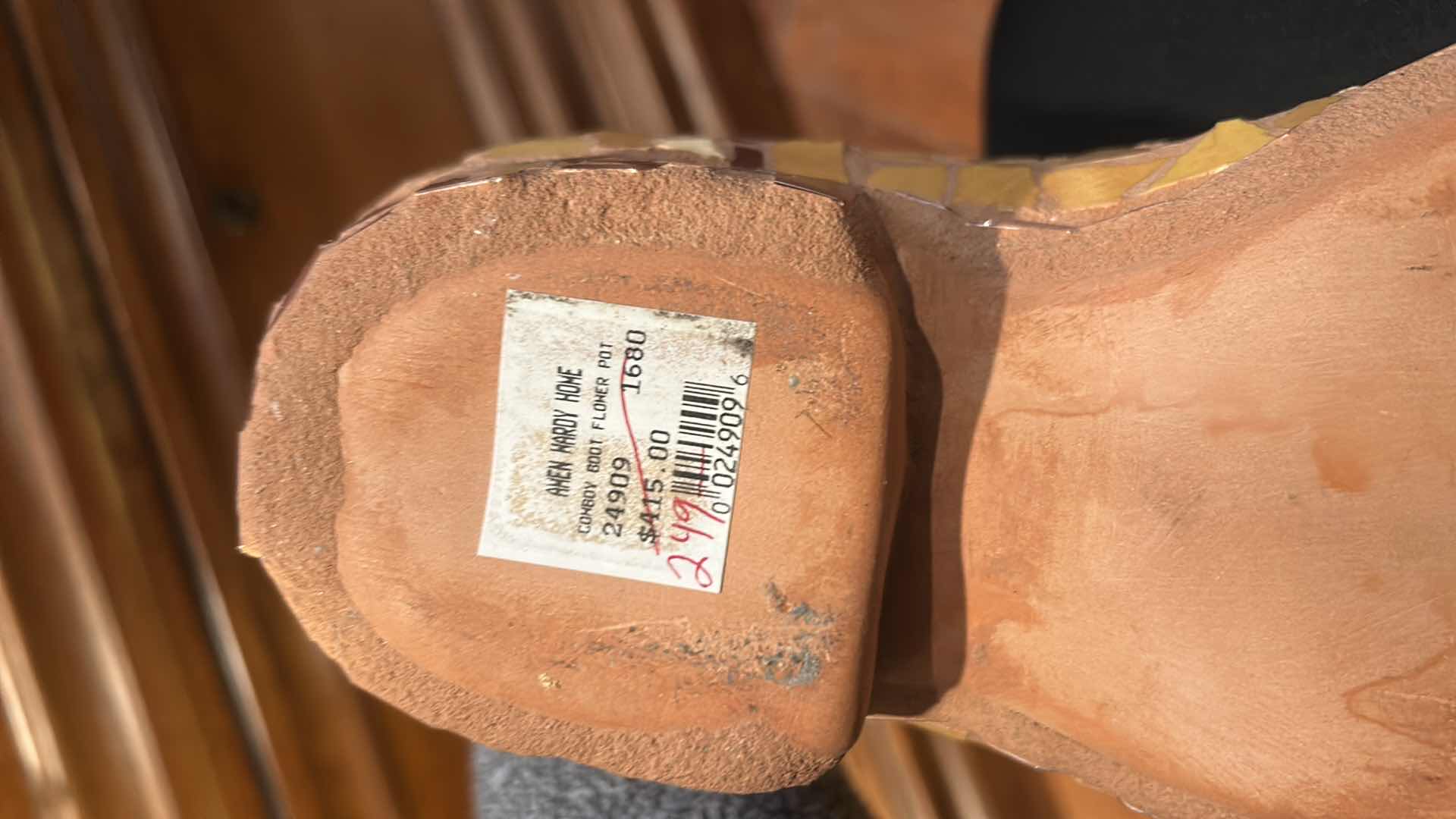 Photo 1 of AMEN HARDY HOME COWBOY BOOT FLOWER POT SIGNED MOSAIC POTTERY BOOT H12.25”