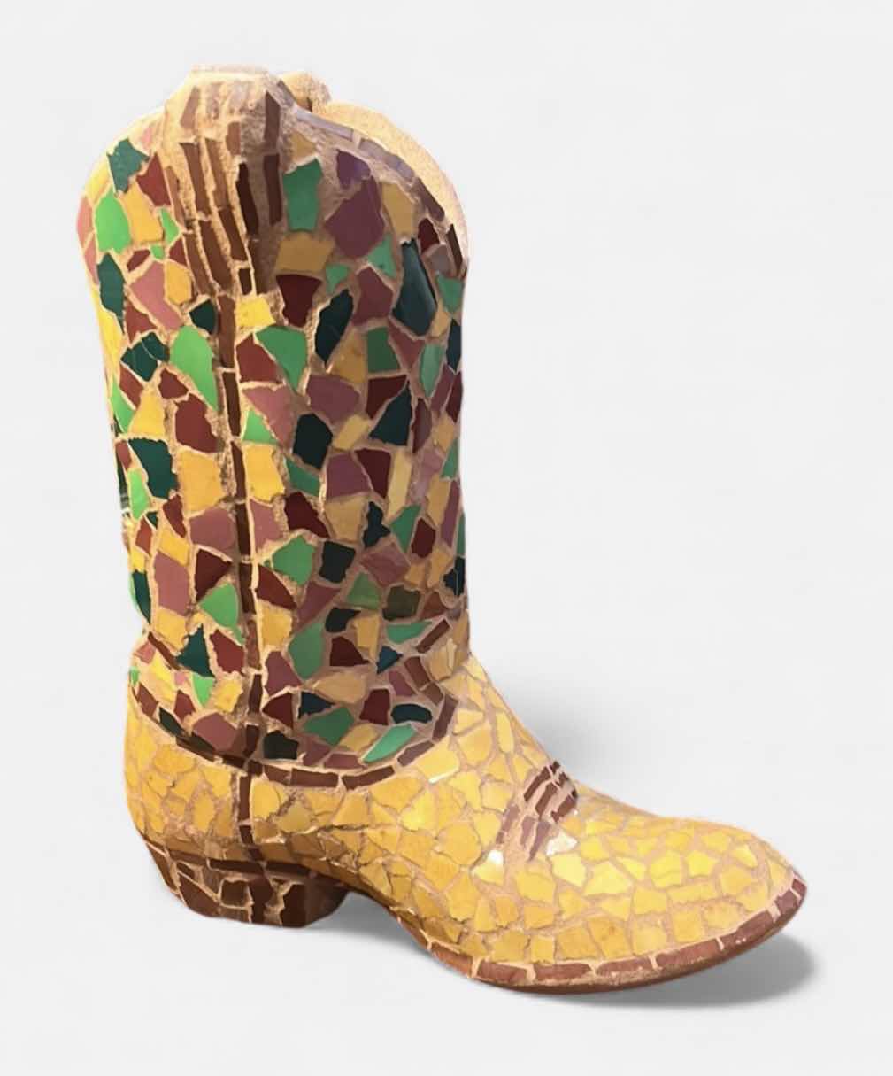 Photo 1 of AMEN HARDY HOME COWBOY BOOT FLOWER POT SIGNED MOSAIC POTTERY BOOT H12.25”