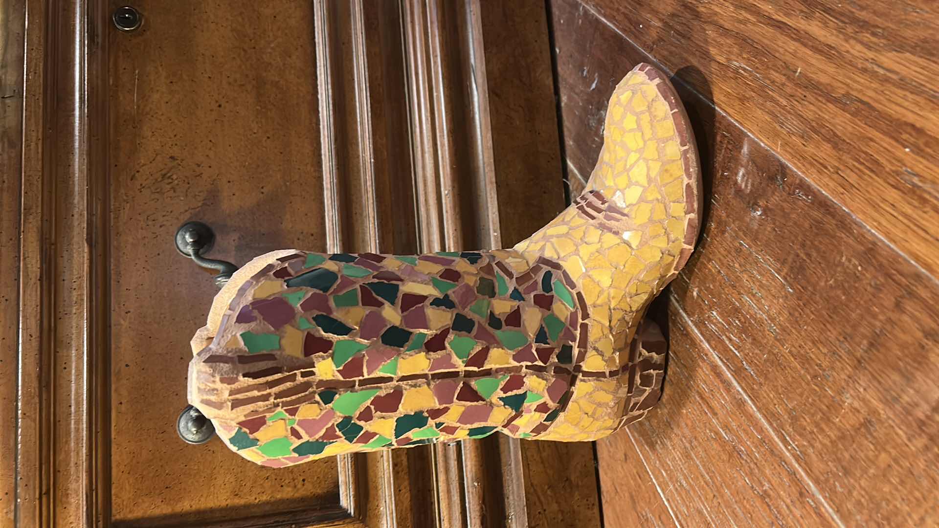 Photo 1 of AMEN HARDY HOME COWBOY BOOT FLOWER POT SIGNED MOSAIC POTTERY BOOT H12.25”