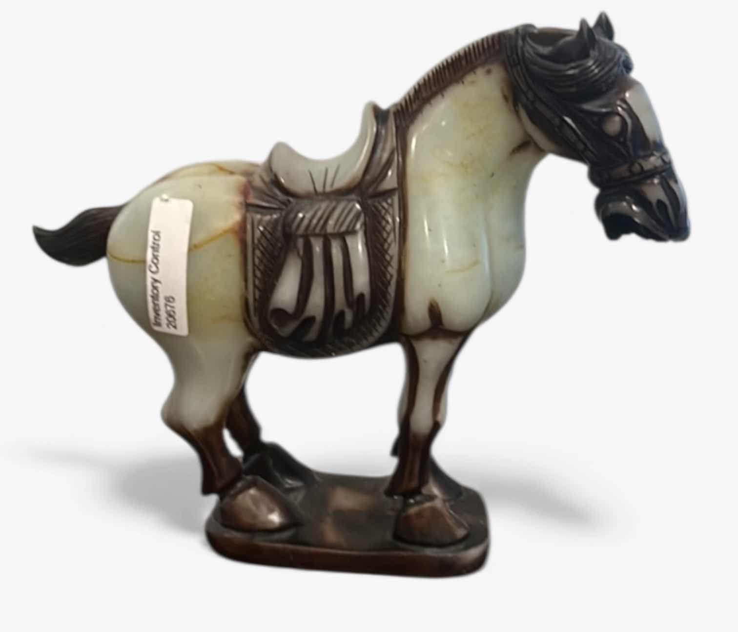 Photo 1 of ANTIQUE CHINESE SADDLED HORSE JADE SCULPTURE. H7”